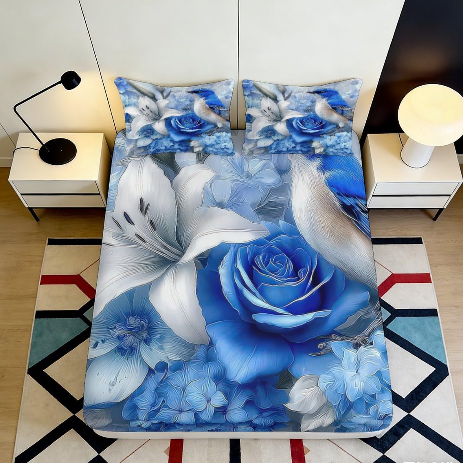 Decorative Blue Rose Fitted Sheet, 3D Printed Microfiber, Soft Touch, Wrinkle Resistant, Bed Sheet, Guest Room Bedding, Easy Care, Bedroom Decor, Dustproof Cover, 100-120cm 90x200x25cm