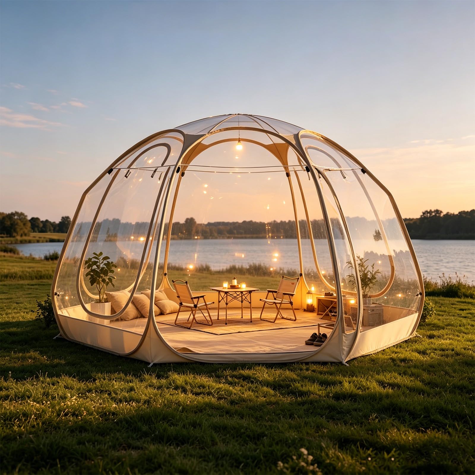 Large Instant Pop Up Gazebo[Transparent on all six sides, milky tea colour]