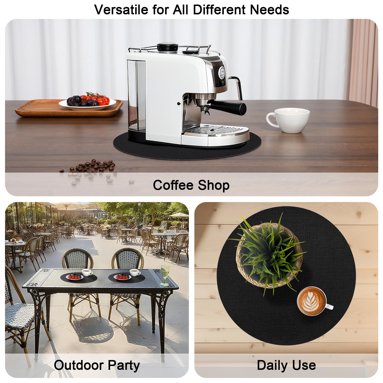 Myir JUN Tovagliette Americane e Sottobicchieri Set di 6, Tovagliette Rotonde 36 cm Tovagliette Colazione Plastica in Pelle Tovaglietta Americana Impermeabile Lavabili (Crema Nero, Set di 6)