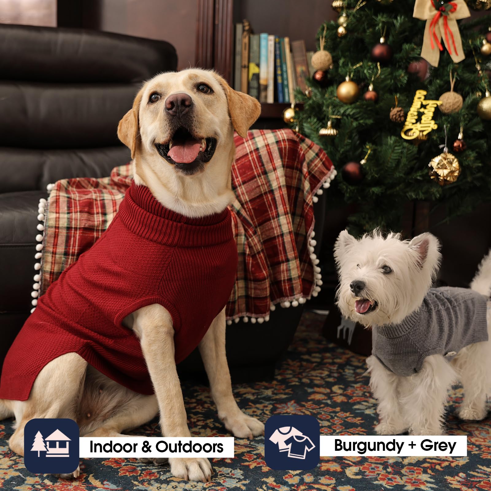 IECOii Lot de 2 pulls à col roulé confortable pour petit chien fille et garçon, chandail en tricot torsadé avec trou pour laisse, pull extensible et doux pour teckel, bordeaux et gris, taille M