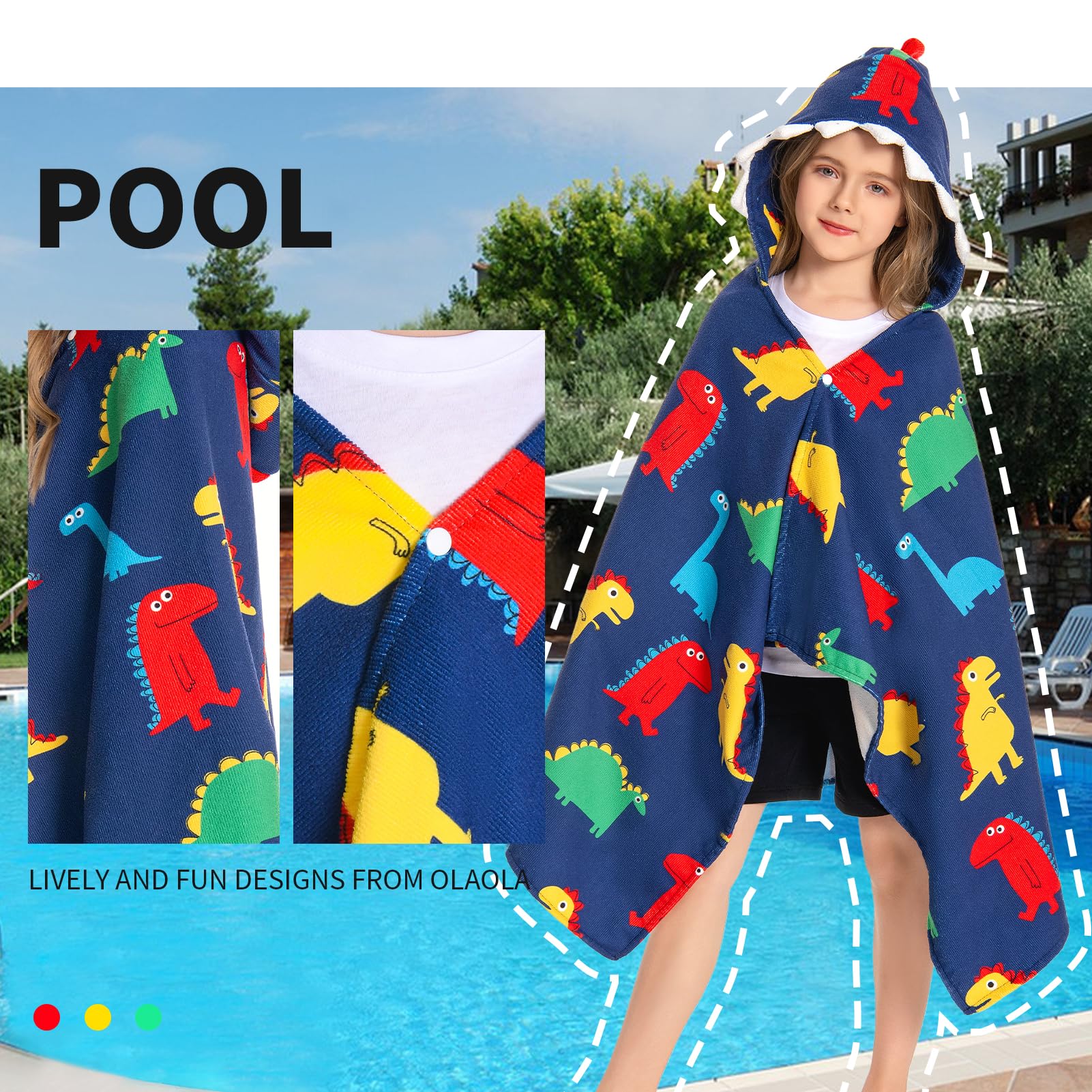 Badeponcho Für Kinder | Mikrofaser Mit Kapuze - 120x60cm, Dinosaurier-Muster | Für Strand & Schwimmbad