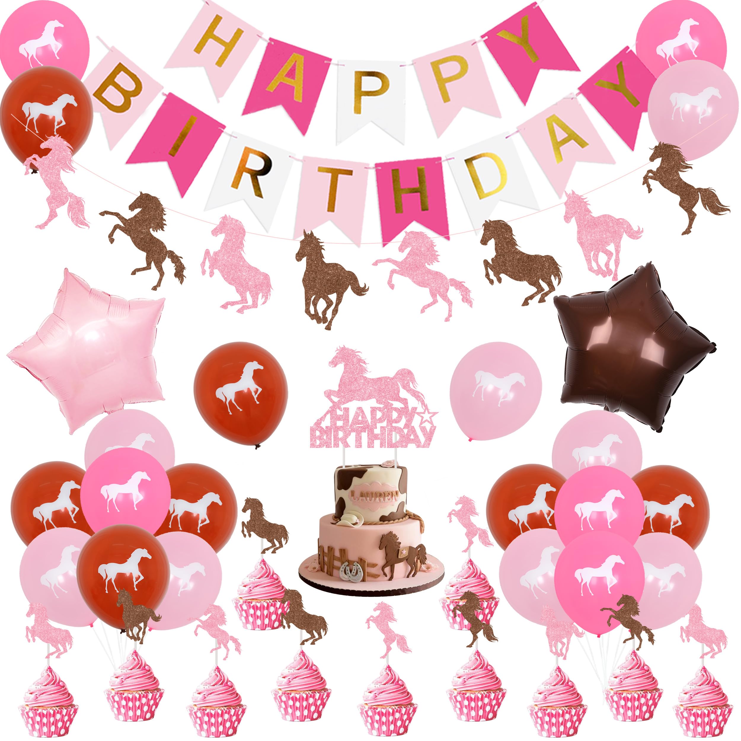 Decoraciones de fiesta de caballo para niñas, kit de globos temáticos de caballo con pancarta de feliz cumpleaños, adorno para tartas, globos de caballo Derby para suministros de fiesta