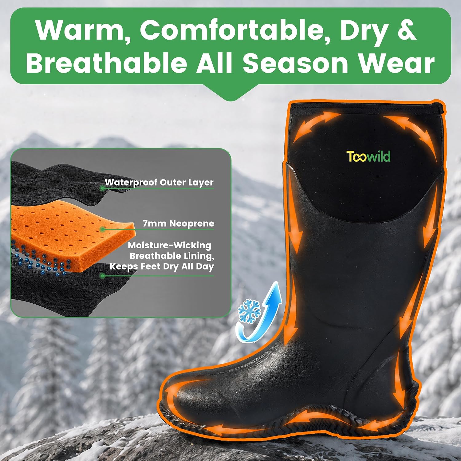 Toowild Rubber Rain Boots For Men, Waterproof Mud Boots with Steel Shank