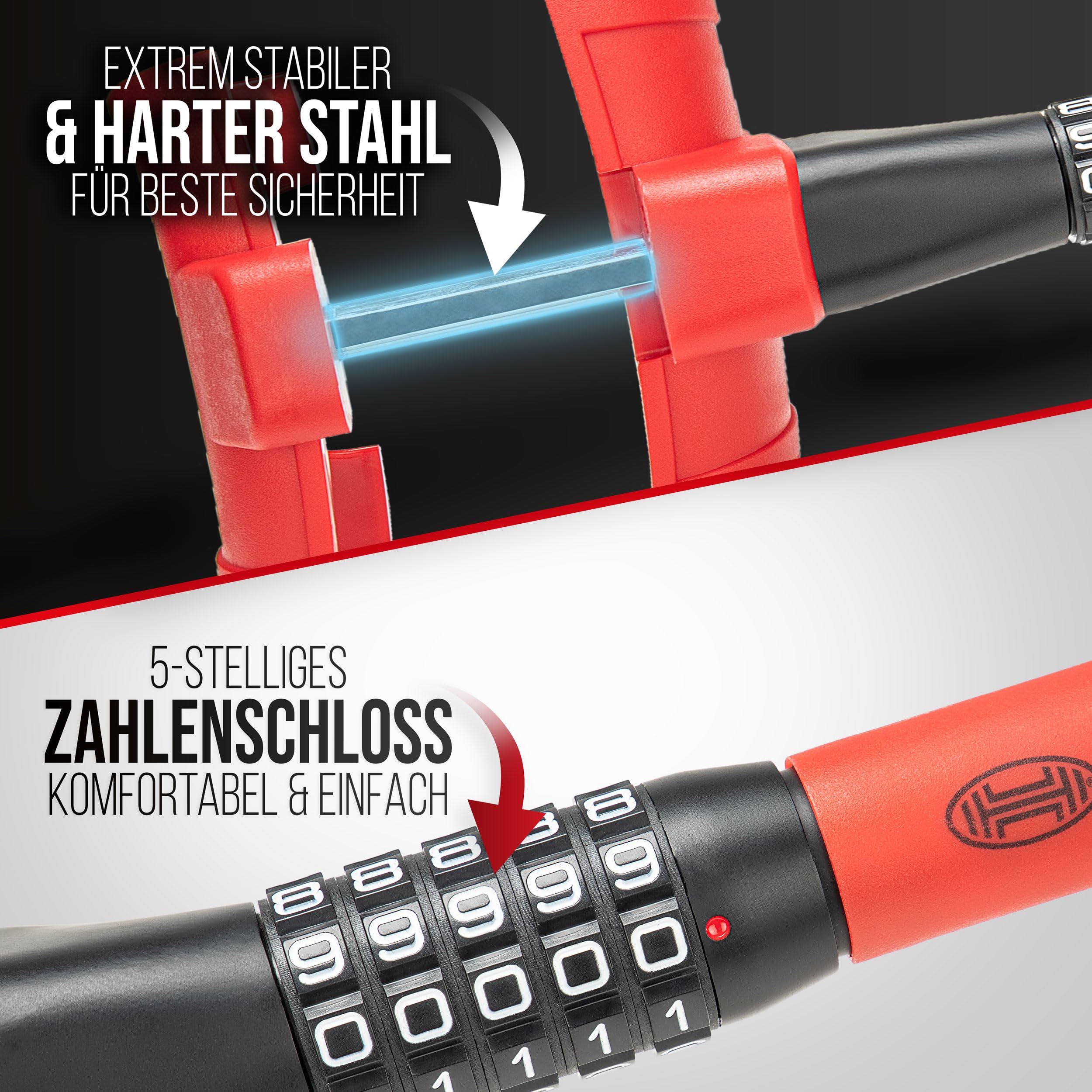 HEYNER Lenkradsperre Auto Diebstahlschutz 5‑stelliges Zahlenschloss verstellbar 35–42 cm rot‑schwarz