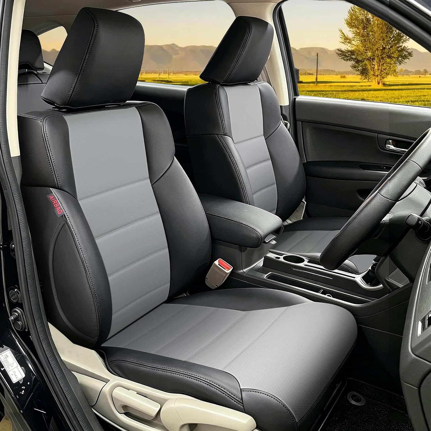 HKZ Fit CRV Car Seat Covers Full Set for Honda CR-V 2012 2013 2014 CRV LX;EX;EX-L Model - Leather (Black+Gray)