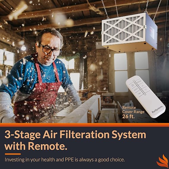 Purisystems 3 Speed Air Filtration System, Built-in Ionizer, PuriCare 500IG Hanging Air Filter with RF Remote Control for Carpentry, Garage Air Purifier