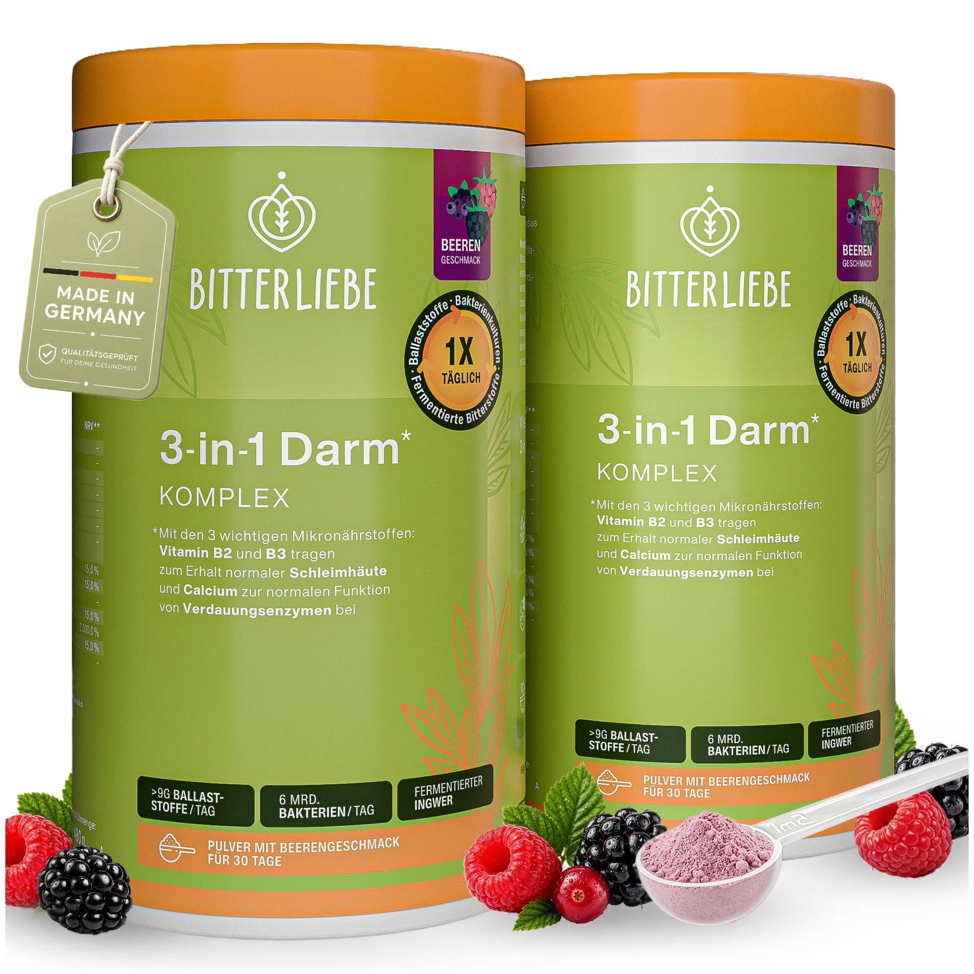 BitterLiebe - 3in1 Darm Komplex - Darmkur Pulver mit 9g Ballaststoffe & 6 Mrd. Darmbakterien - Darmflora aufbauen *, Darmgesundheit * - L Glutamin, Akazienfaser, Inulin und Verdauungsenzyme