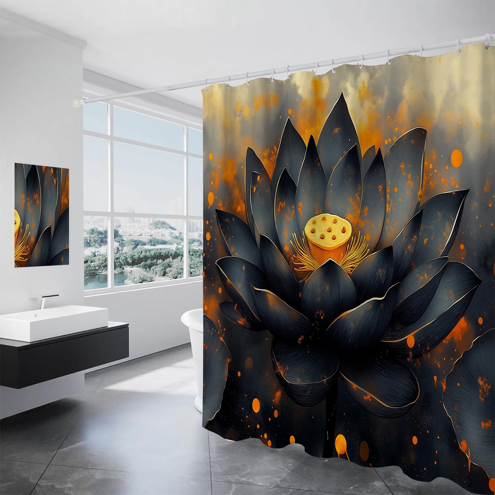 Rideau de douche imperméable Lotus Noir pour une baignoire élégante aux pétales d'or