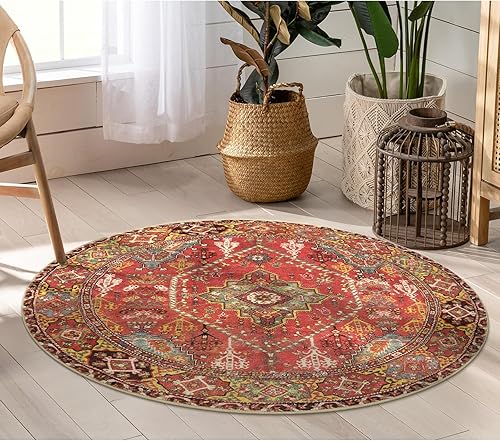 LEEVAN Alfombra redonda de 4 pies, alfombra redonda lavable de perfil bajo, alfombra de entrada envejecida antideslizante, alfombra circular de