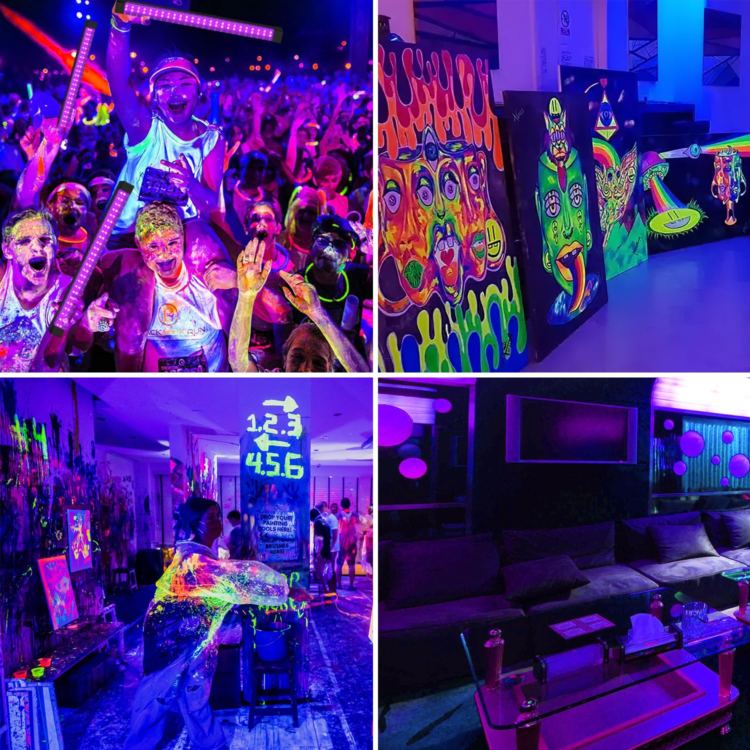 Wiederaufladbare Schwarzlicht, 31 cm 50 LEDs UV Schwarzlichtlampe mit 3600mAh Akku, 3 Modi (Hoch, Niedrig, Blinken), Type-C Ladekabel, Tragbar für Glow-Partys, Body Art und Home-Deko