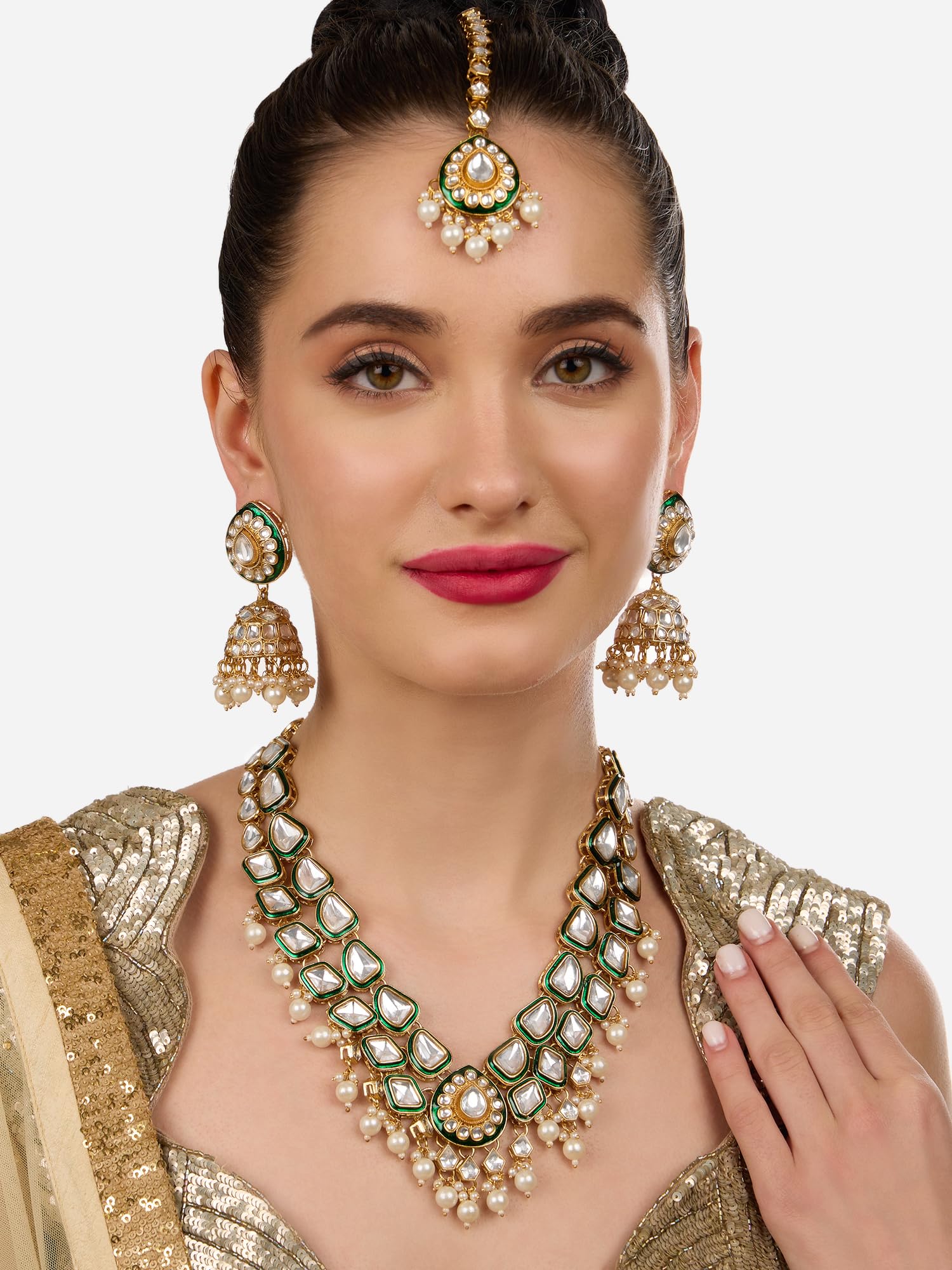 ZAVERI PEARLS Green Meenakari Dazzling Stones Beads Bridal Necklace Earring & Maangtikka Set For Women-ZPFK18886