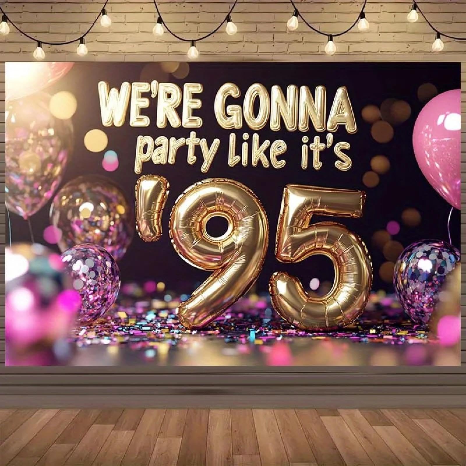 Retro 95 Party Tło Złote Balony I Kolorowe Wycinki Papieru Winylowego Materiał Dekoracja Imprezowa