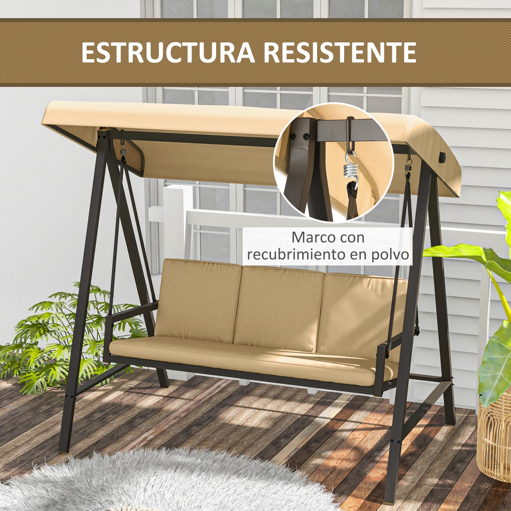 Outsunny Columpio de Jardín de 3 Plazas Balancín Exterior Jardín con Toldo Ajustable Cojines Extraíbles y Estructura de Acero Carga 360 kg 200x125x175 cm Beige
