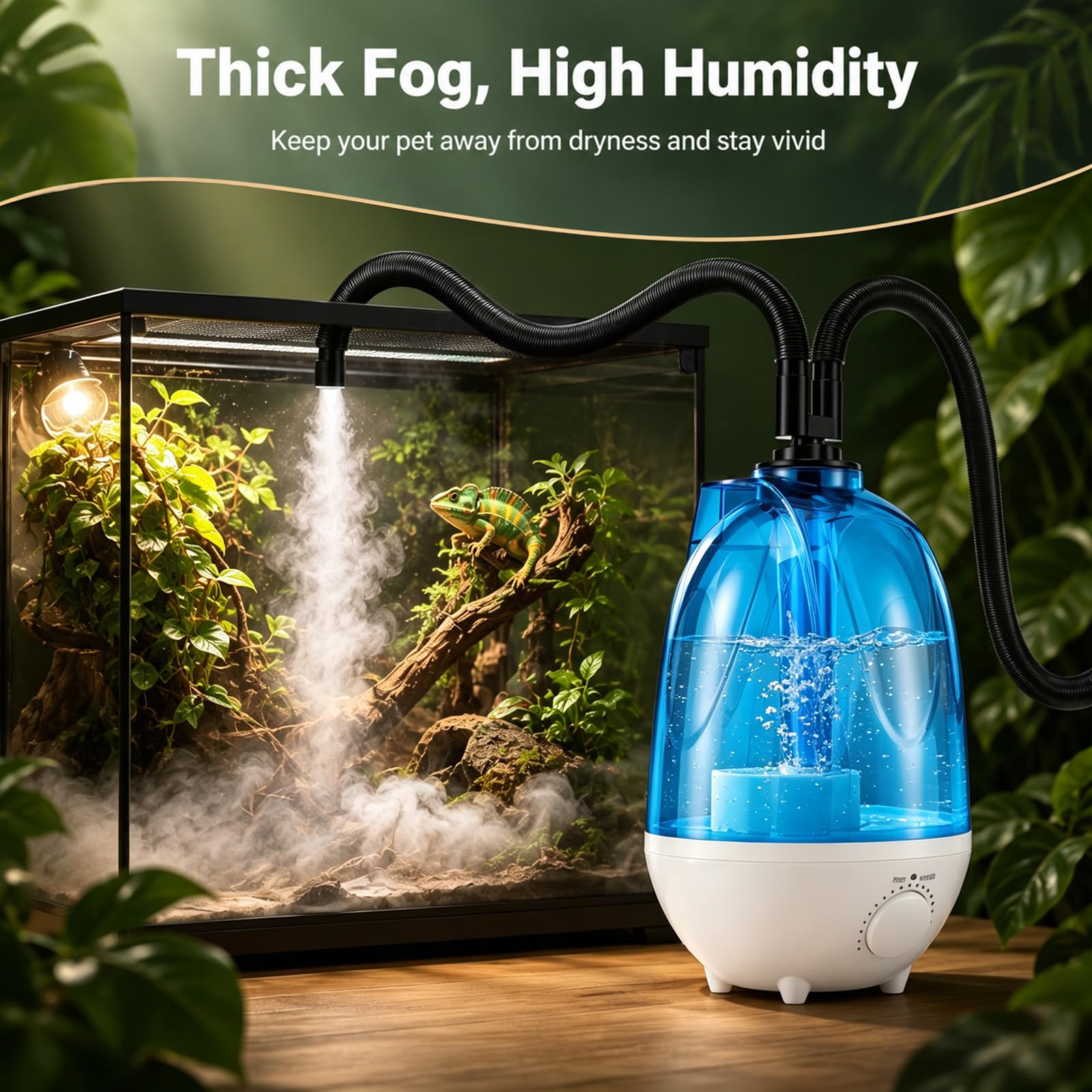 Nebulizzatore per Terrario Rettili, 4L Umidificatore per Terrario 300mL/h, Tubo Regolabile 40-160cm, 7 Colori Luce Notturna, Protezione Anti-Siccità, Ultrasonico Silenzioso con Doppio Ugello