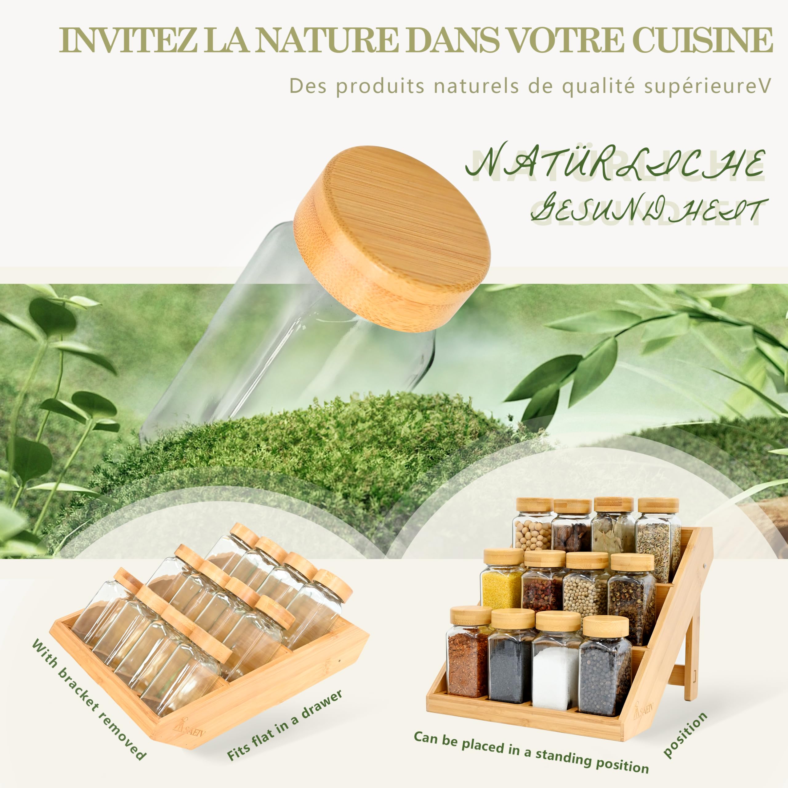SAEIV 12 Pièces Bocaux Épices en Verre Borosilicaté Sans BPA, Pot à Epices en Verre et Bois Naturel avec Range Epices Cuisine Tiroir, Porte-Épices Étagère à Épices Inclinée Idéal pour Épices Rangement
