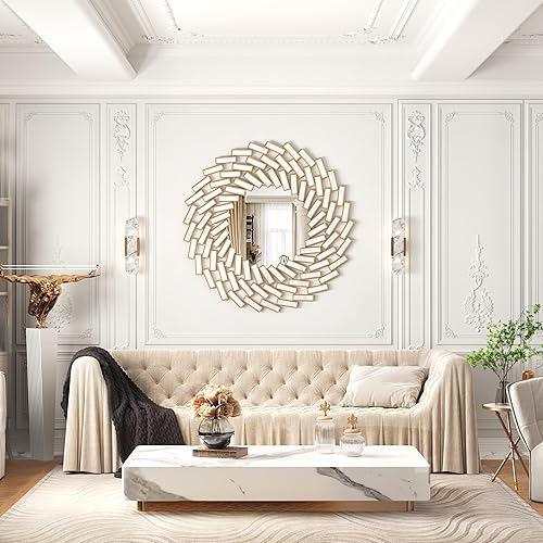 Miniatura 2 de Espejo de pared decorativo marrón de 31.5 x 31.5 pulgadas, diseño veneciano griego, grande, redondo, abstracto, espejo de pared para sala de estar,