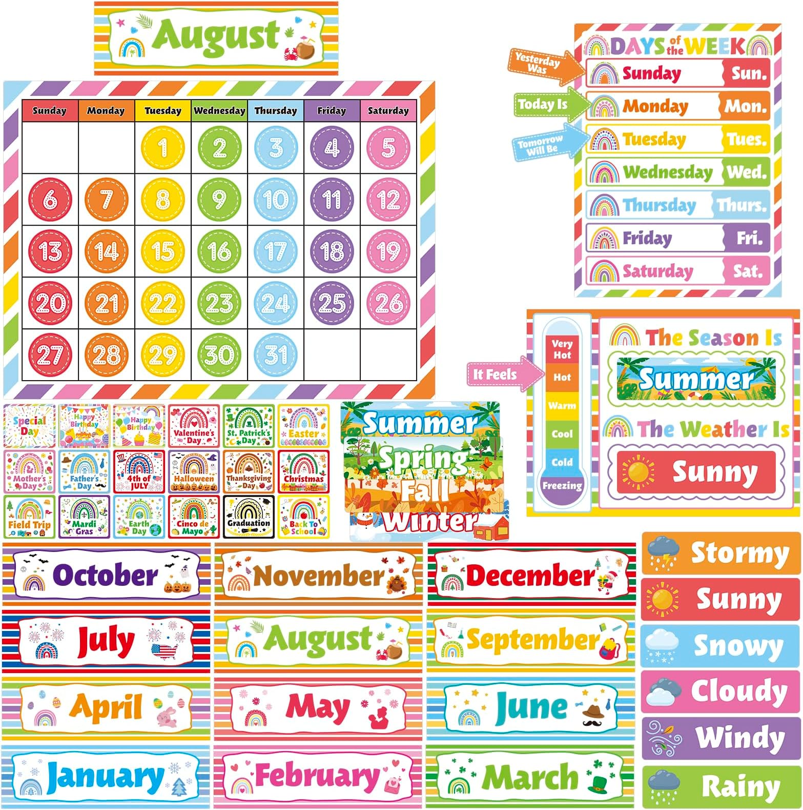 Classroom Calendar Bulletin Board Set, Seasons Weather Days of the Week Chart with Velcro Dots Stickers for Colorful Classroom Decoration (New Rainbow)