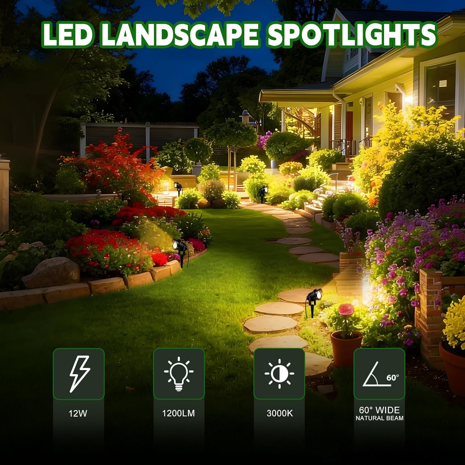 Romwish Outdoor Spotlight 3000K Warm White,12W LED Spot Lights Outdoor for Yard Garden Tree, 120V Plug in Landscape Lighting with IP65 Waterproof for Lawn Decorative, 4 Pack