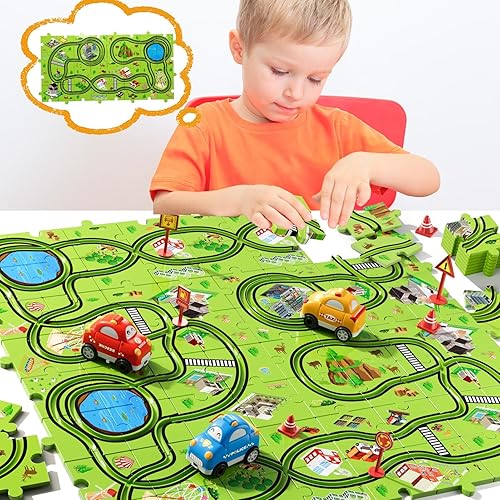 Miniatura 4 de Juego de 64 piezas de coches de pista de rompecabezas para niños y niños, juguetes para niños pequeños, regalos para niños de 3, 4, 5 y 6 años, para