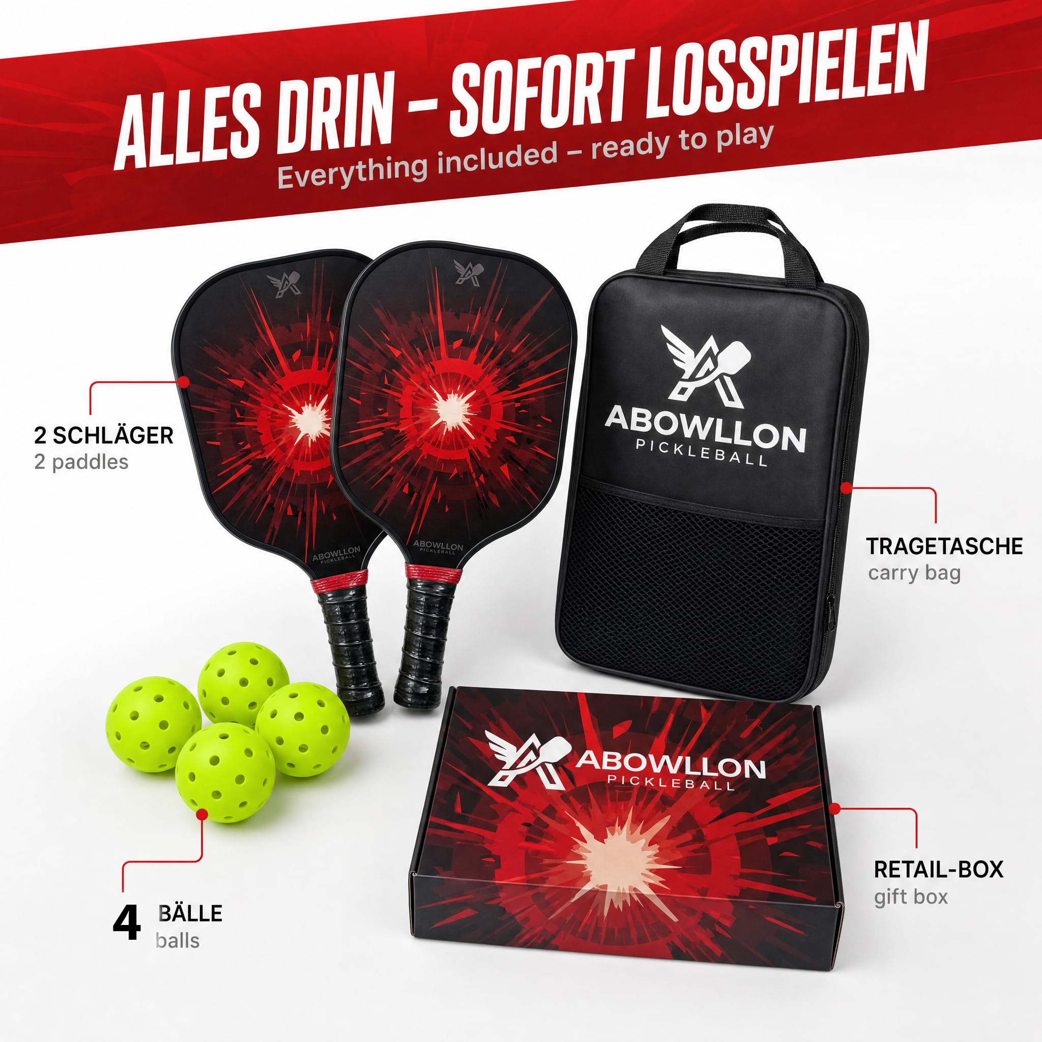 Blaze Pickleball Set - 2 raquettes de pickleball + 4 balles USAPA + sac - Pagaie en fibre de verre - Kit complet pour débutants et confirmés (rouge/noir)
