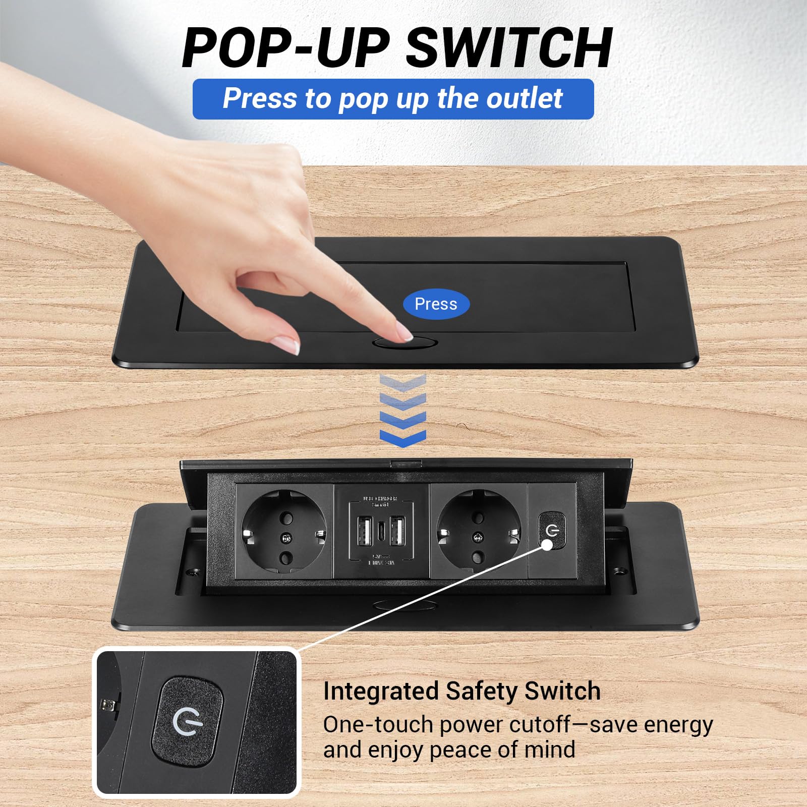 CPROSP Multipresa a Scomparsa da Incasso con 2 Prese e 3 USB (2a+1c) | Specifiche: Multipresa a Scomparsa da Incasso con 2 Prese e 3 USB (2a+1c)