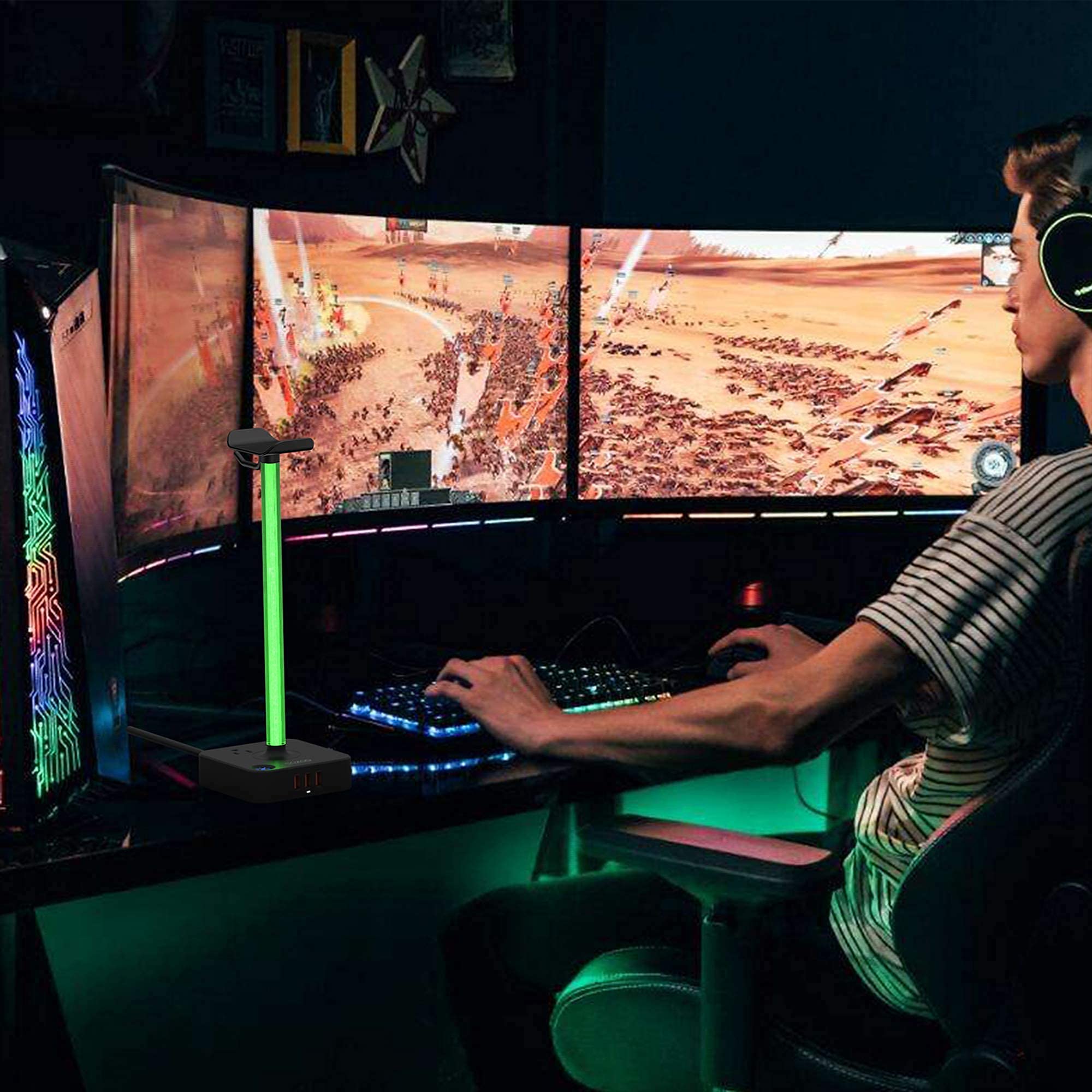 RGB Headphone Stand with USB Charger COZOO Desktop Gaming Headset Holder Hanger with 3 USB Charger and 2 Outlets - Suitable for Gaming, DJ, Wireless Earphone Display,Game Accessories Boyfriend Gifts