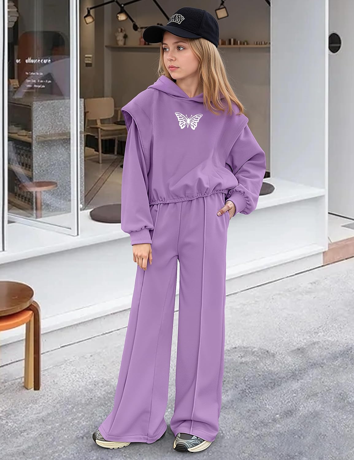 Girls Clothes 2 Piece Outfits Butterfly Print Hoodies Solid Sweatshirts Sweatpants Clothing Sets with Pockets 7-14Y