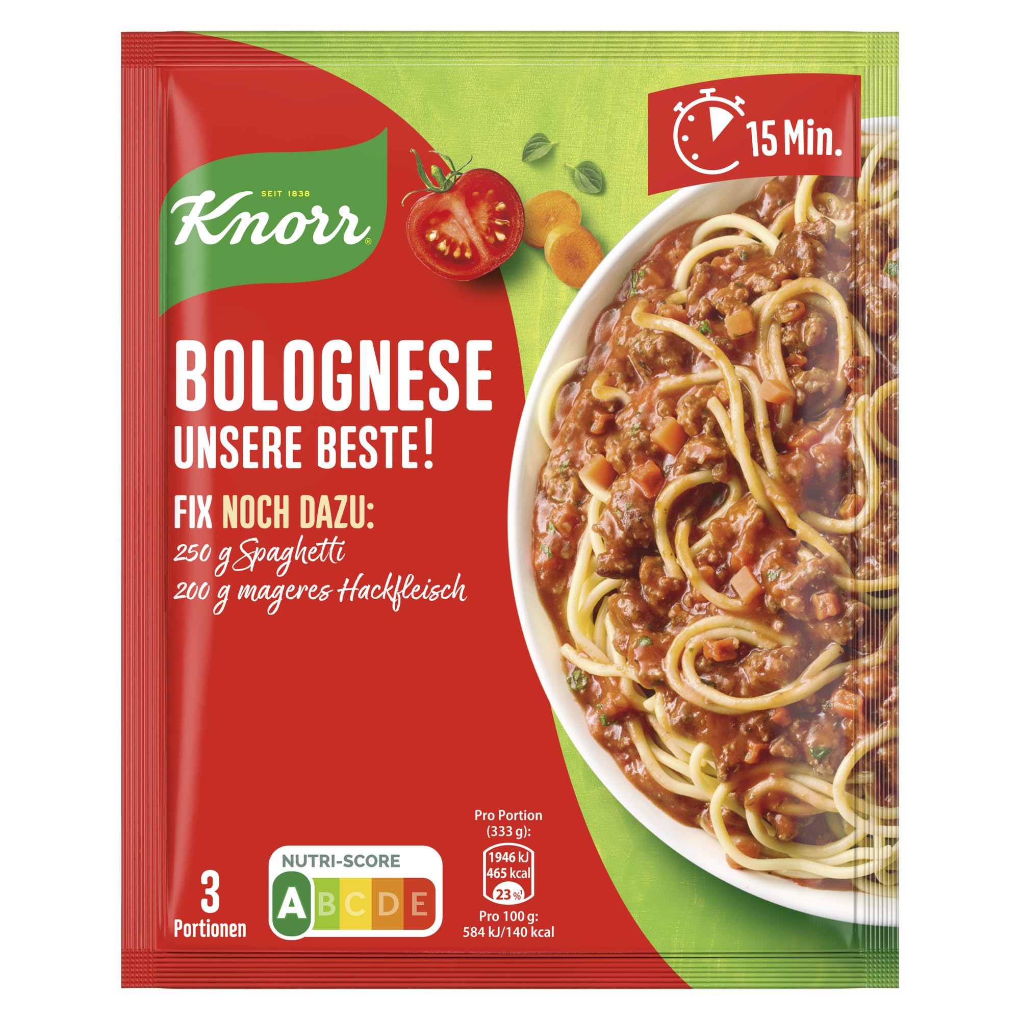 Knorr Fix Würzmischung Bolognese Unsere Beste! für ein leckeres Nudelgericht ohne geschmacksverstärkende Zusatzstoffe 38 g 1 Stück