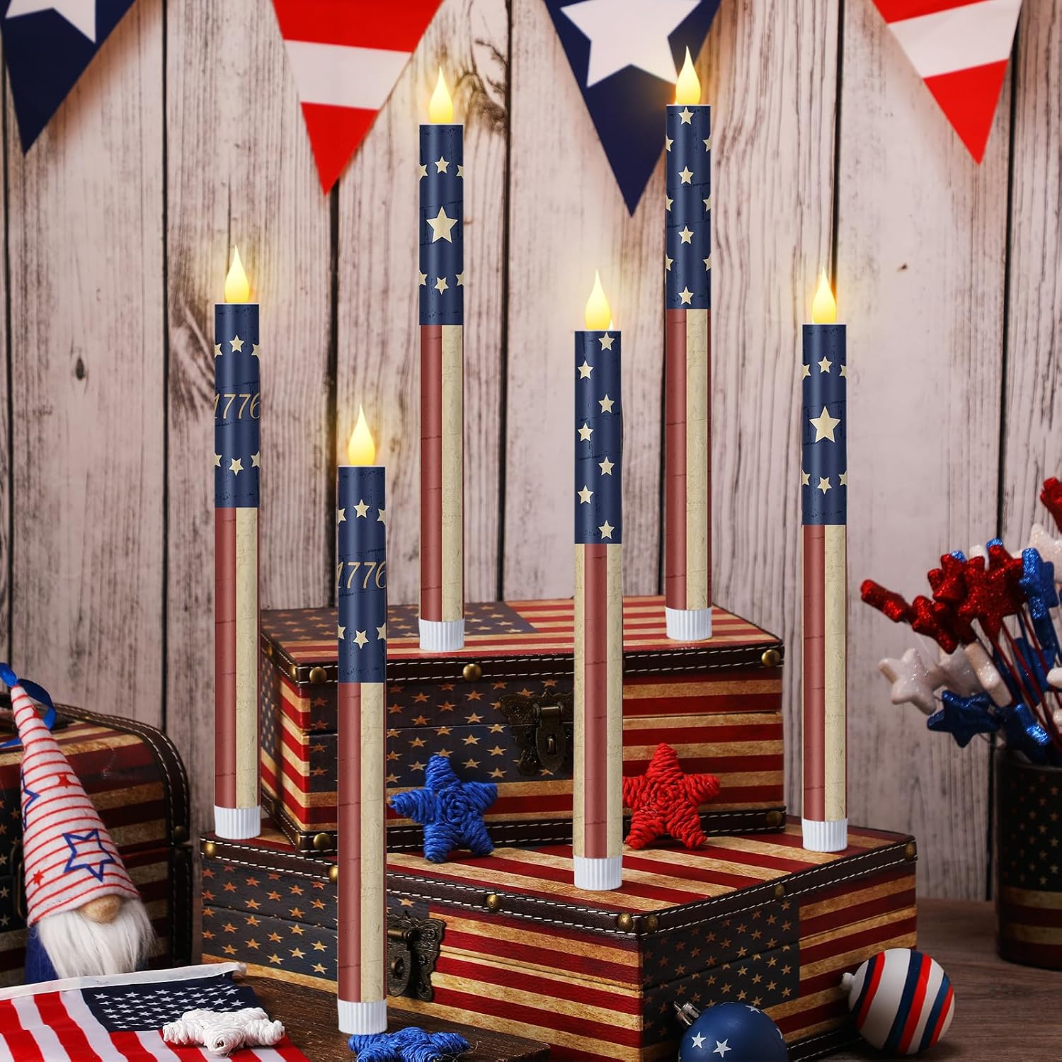 Honoson 6 Pcs USA Patriotic Flameless Taper Candles 250th Anniversary 10.6 Inch Memorial Day Red White and Blue Candles Battery Operated LED Candlesticks for 4th of July Table Home Party Decoration