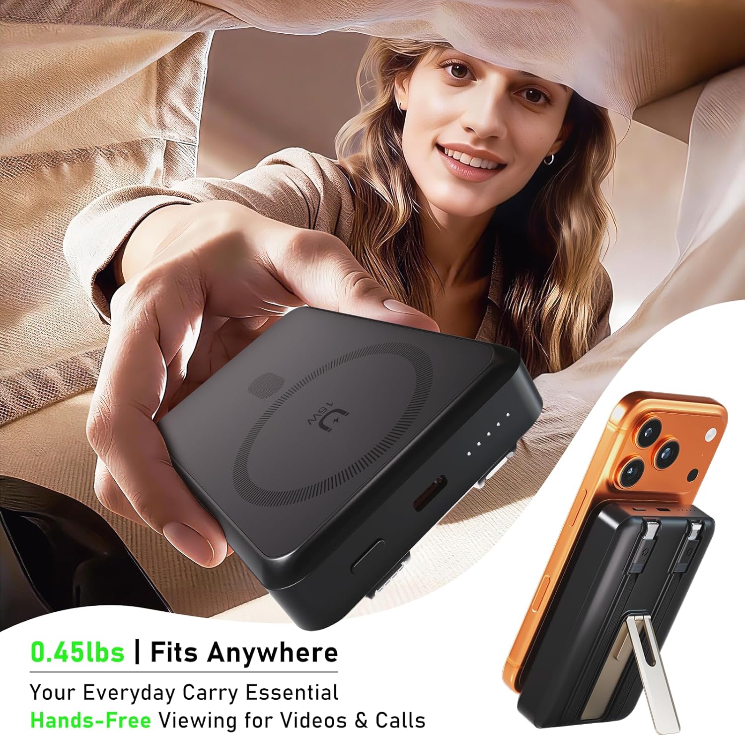 Magnetic Wireless Power Bank 10000mAh Portable Phone Charger with Built-in Cables & Foldable Stand, 15W Fast Charger, 4-in-1 Magnetic Battery Pack for iPhone Samsung Series, Perfect for Daily, Travel