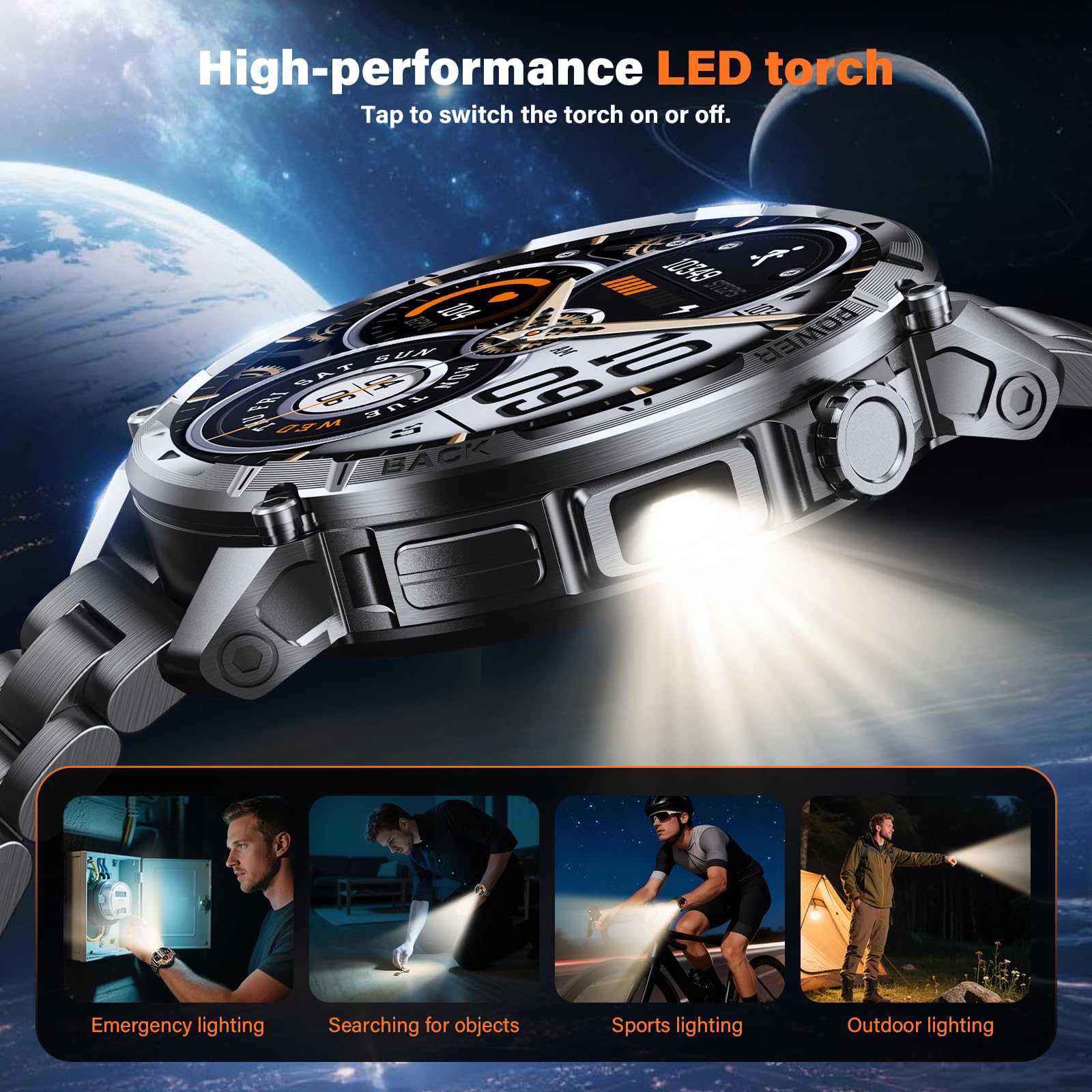 Reloj Inteligente Hombre Militar con Batería 1000 mAh y Linterna LED, 1.7” Smartwatch Hombre con Llamadas Bluetooth Pulsómetro SpO2 Monitor de Sueño 110+ Modos Deportivos Android iOS (Acero Negro)