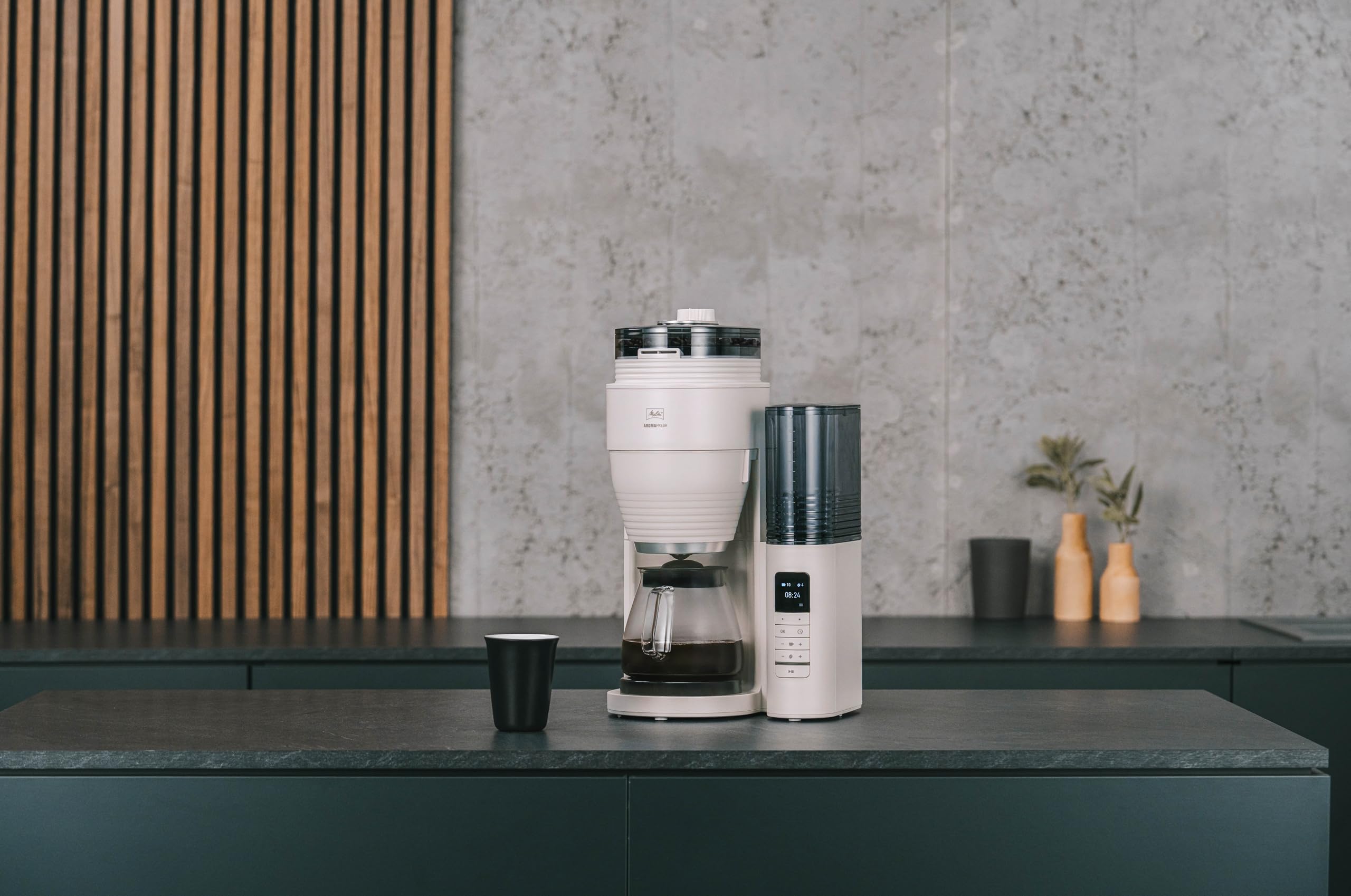 Melitta AromaFresh Pro X - Macchina da caffè con macinino, con caraffa in vetro e serbatoio dell'acqua rimovibile, per un massimo di 10 tazze di caffè, grigio caldo