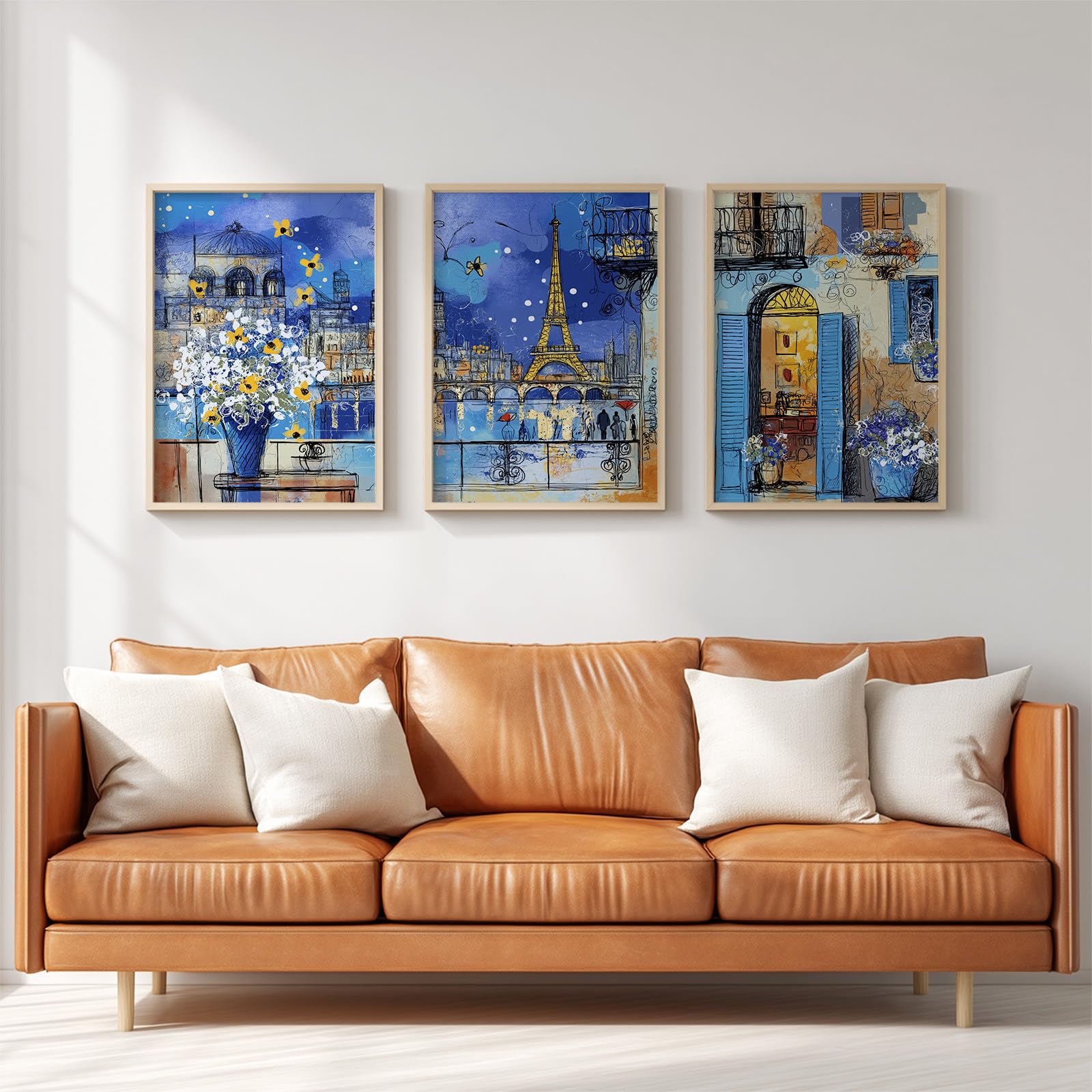 Generisch 3 piezas de arte mural pósteres, paisaje urbano estético murales para sala de estar dormitorio decoración, impresionista Torre Eiffel flor noche romántico lienzo imágenes 42 x 59,4 cm x 3