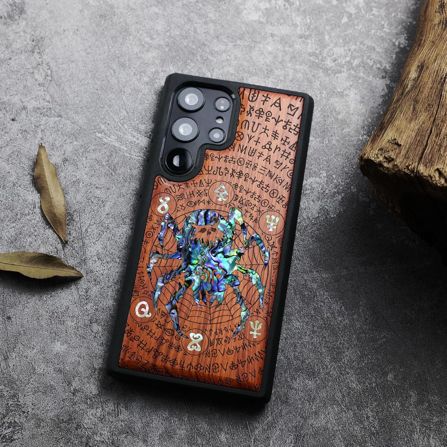 Carveit Designer Wooden Case for Samsung Galaxy S24 Ultra Case [Wood Engraving & Shell Inlay] Compatible with Wireless Chargers S24 Ultra Cover (Spider Amidst Mystical Runes-Rosy)