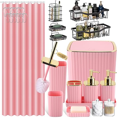 Miniatura 45 de Juego de baño con cortina de ducha y alfombras - Juego de accesorios de baño de 25 piezas, juego de cortina de ducha azul marino, escobilla para el