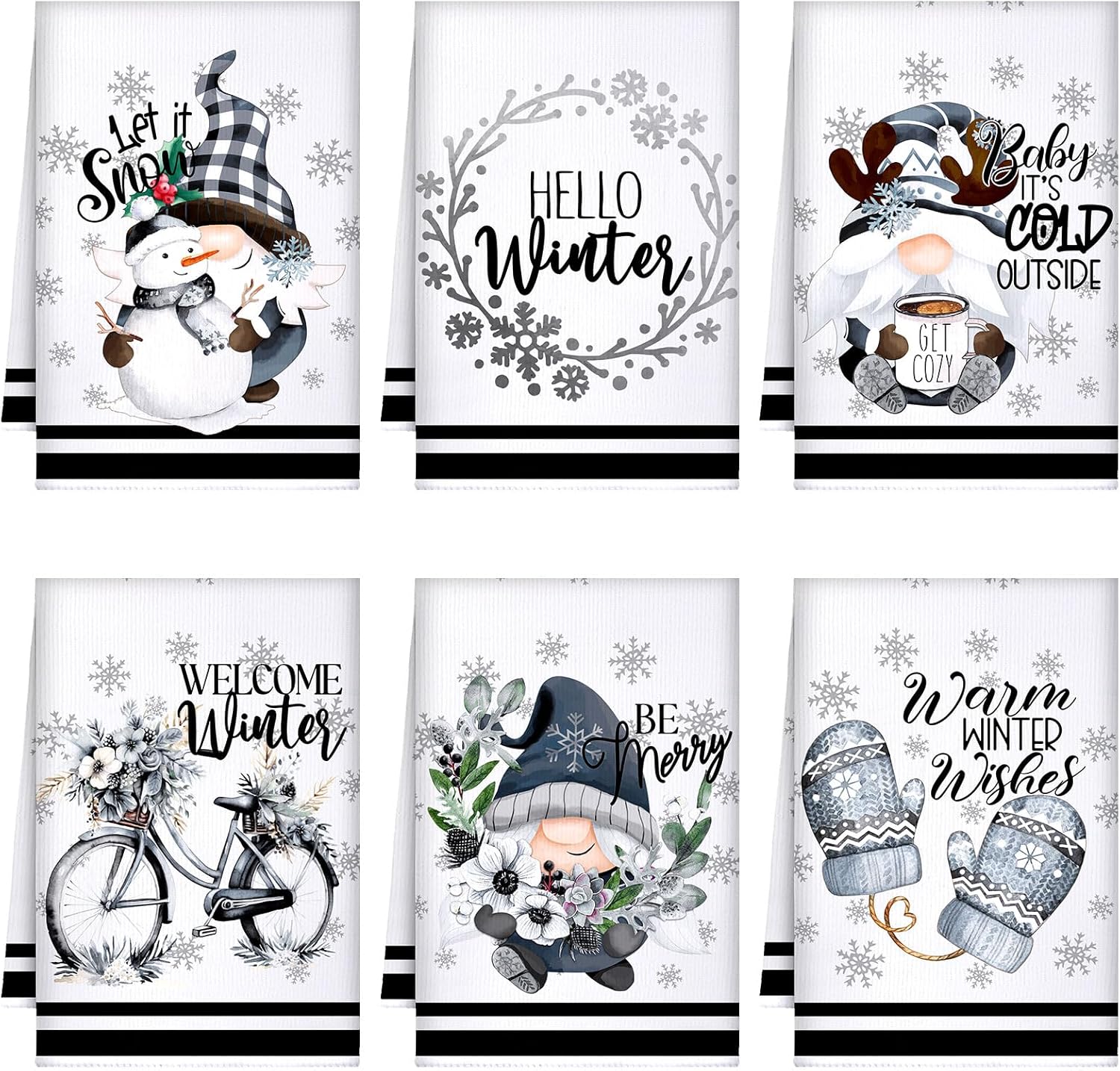 Preboun 6 Pcs Hello Winter Kitchen Towels Snowman Gnome Dish Snowflake Tea Christmas Hand Drying Towels Baking Cooking Cloth for Kitchen Bathroom Decor Black and White Snowman