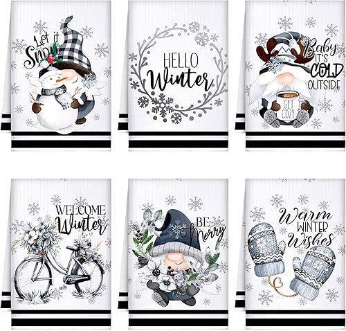 Vista 17 de Preboun 6 Piezas Toallas de Cocina Navideñas Santa Reno Rayas Toallas de Mano Rosa Estilo Granja para Platos Xmas Té Cocina Baño Decoración