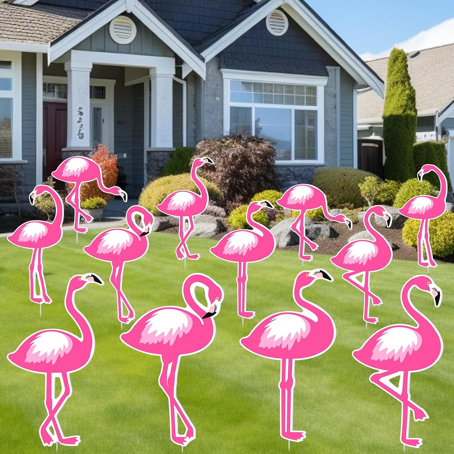 Amyhill 12 Pack Flamingo Yard Signs with Stakes Pink Flamingo Stakes Lawn Decor Tropical Sign Large Waterproof Yard Party Supplies for Christmas Summer Sidewalks Photo Props(Classic)