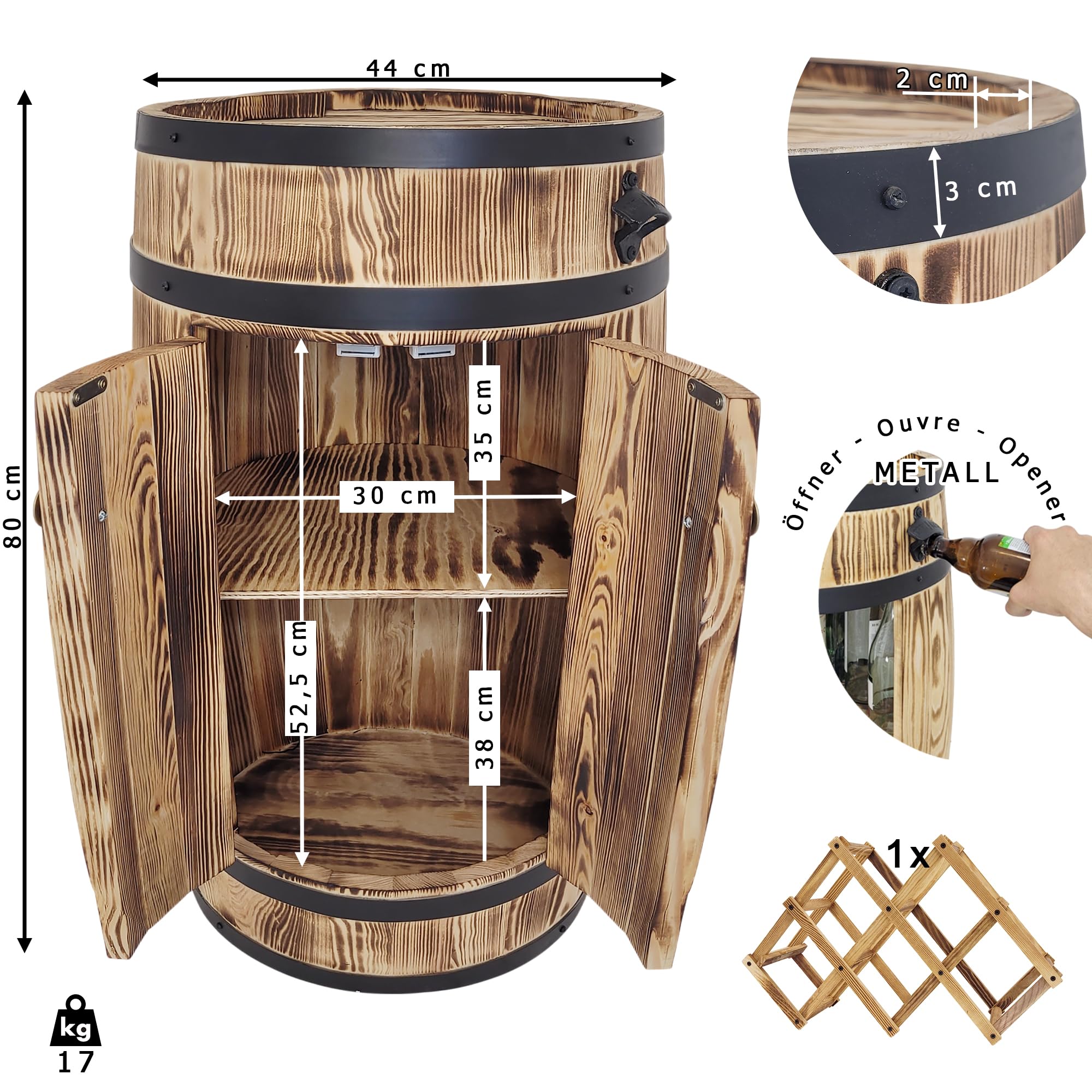 weeco Fassbar für Alkohol mit Doppeltüren – rustikaler Holz-Barschrank mit Regal und Flaschenhalter, geflammter Barschrank 80 cm, braun