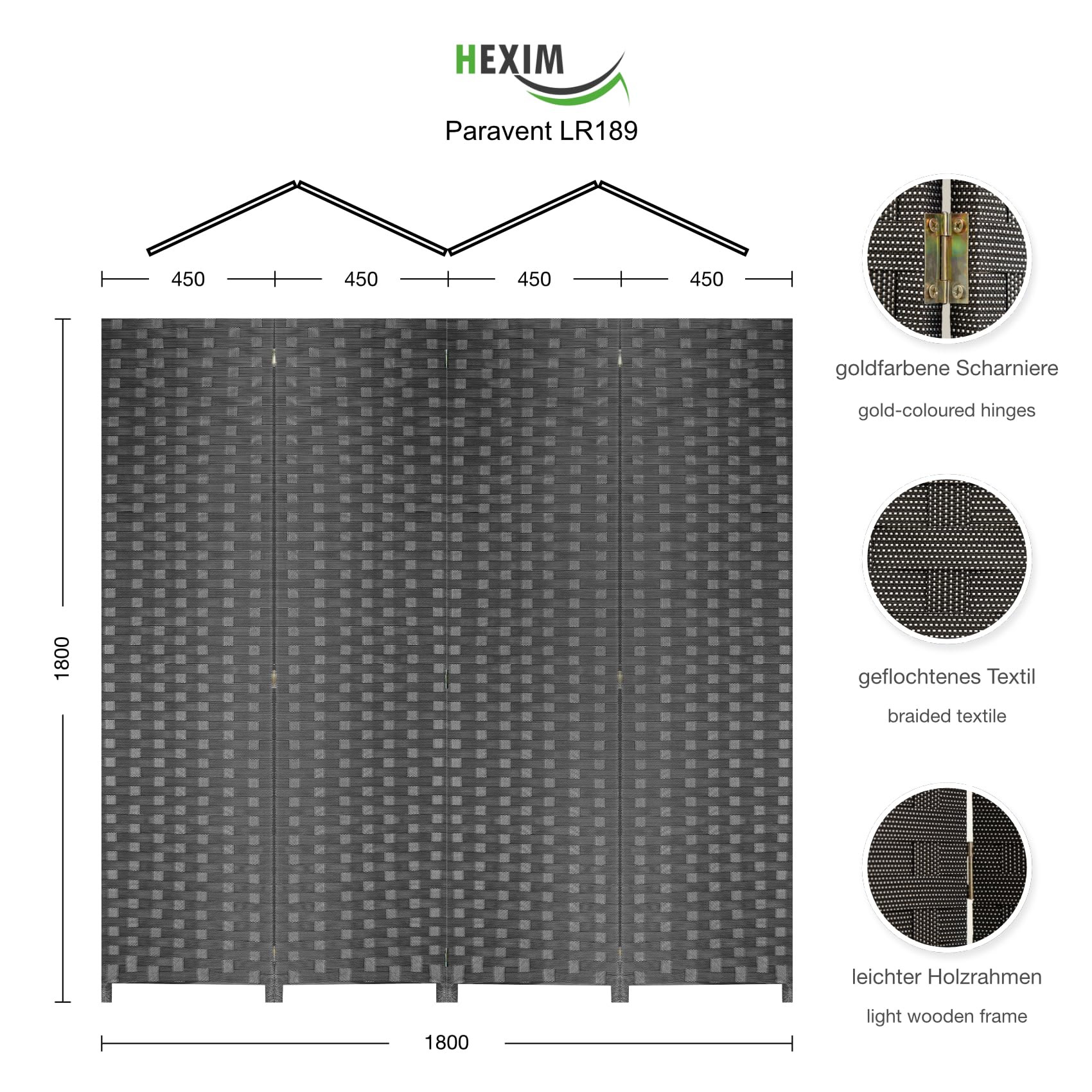 HEXIM Biombo de interior 180x180 cm - Paravent plegable de 4 paneles - Pantalla de privacidad para terraza y jardín, Biombos (LR189-negro blanco punteado)