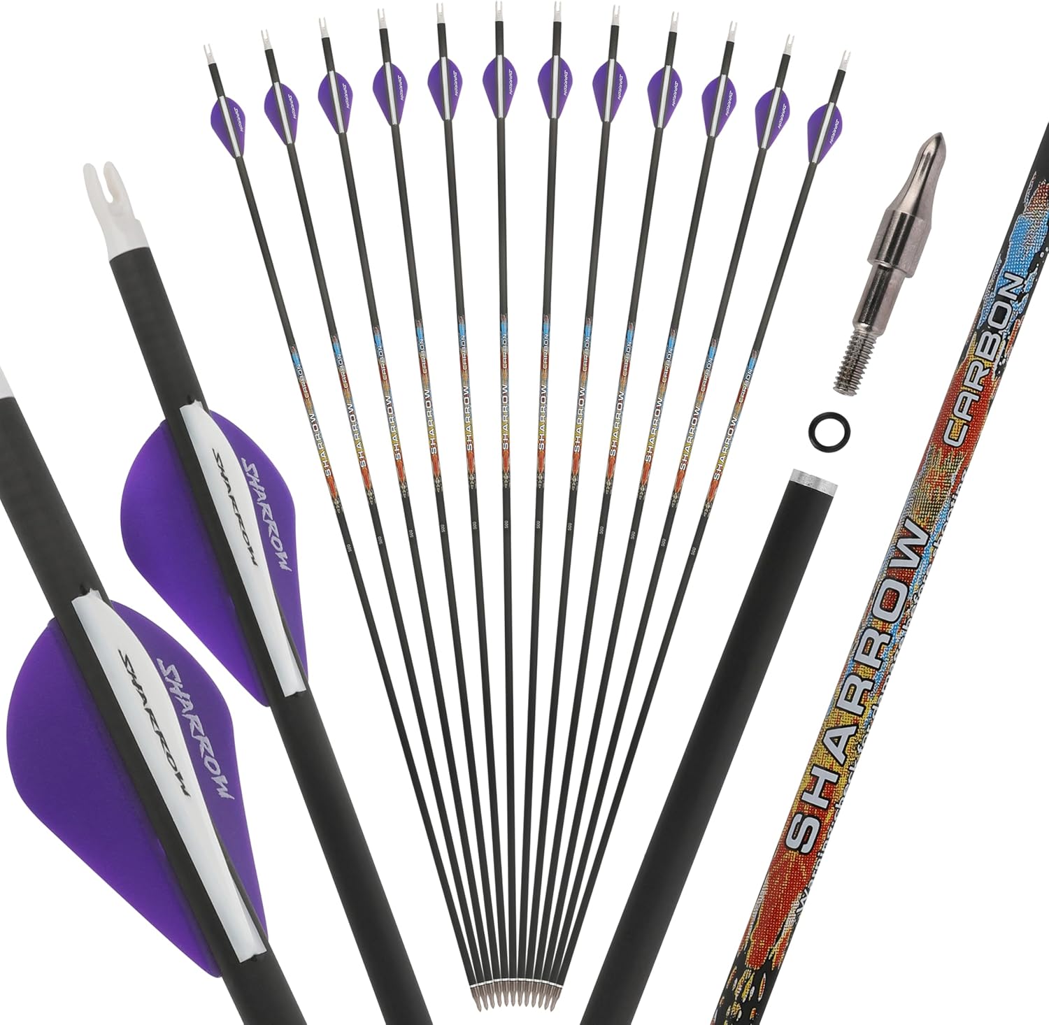 AMEYXGS 31Inch Pure Carbon Arrows Hunting Target Practice Archery Spine 250 300 350 400 500 600 with 2 Inch Rubber Feather for Compound Recurve Traditional Bow