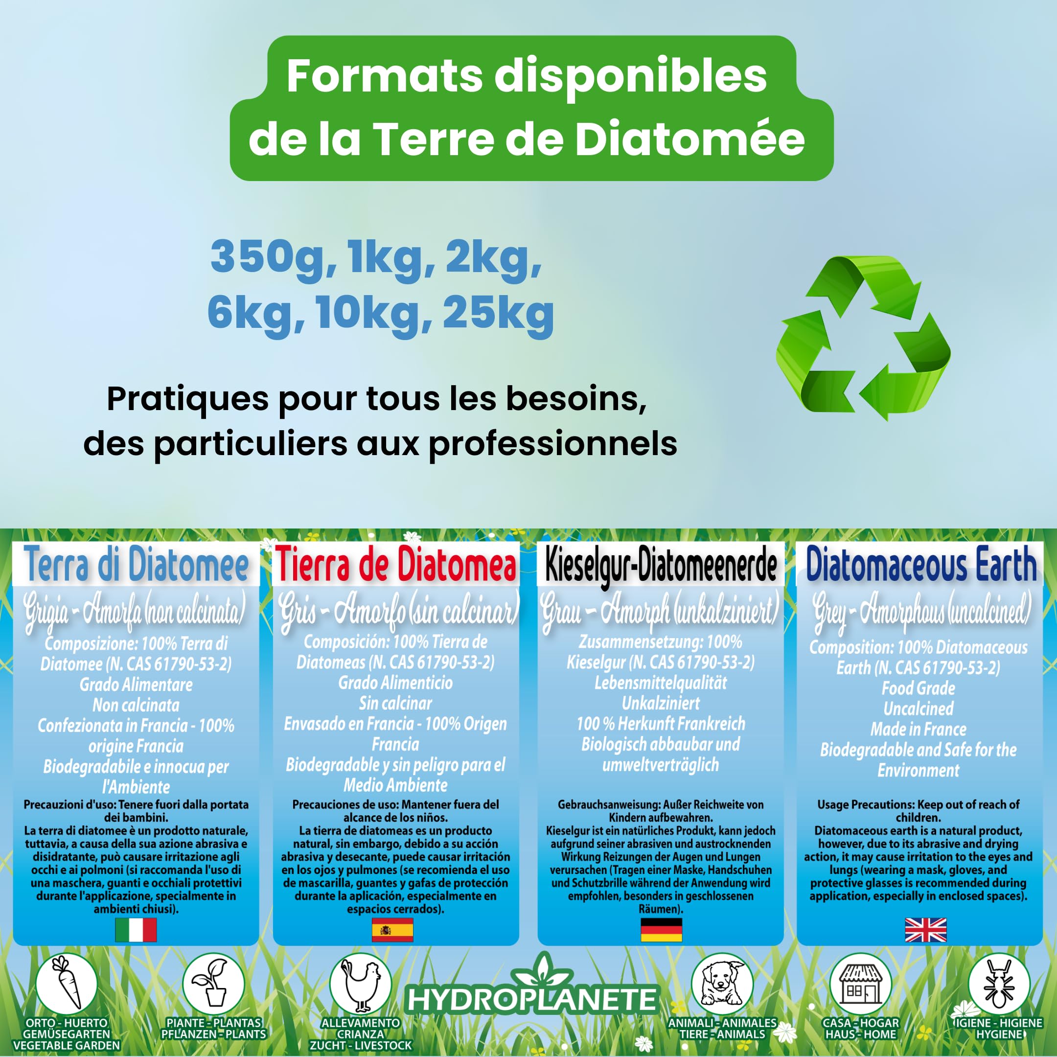 HYDROPLANETE Terre de Diatomée Grise 3 kg Multi-Usages | Poudre Alimentaire et Hygiène Animale | Sans Additifs et 100% Naturel | Fabriqué en France | Disponible de 350g à 25kg | Hydroplanete