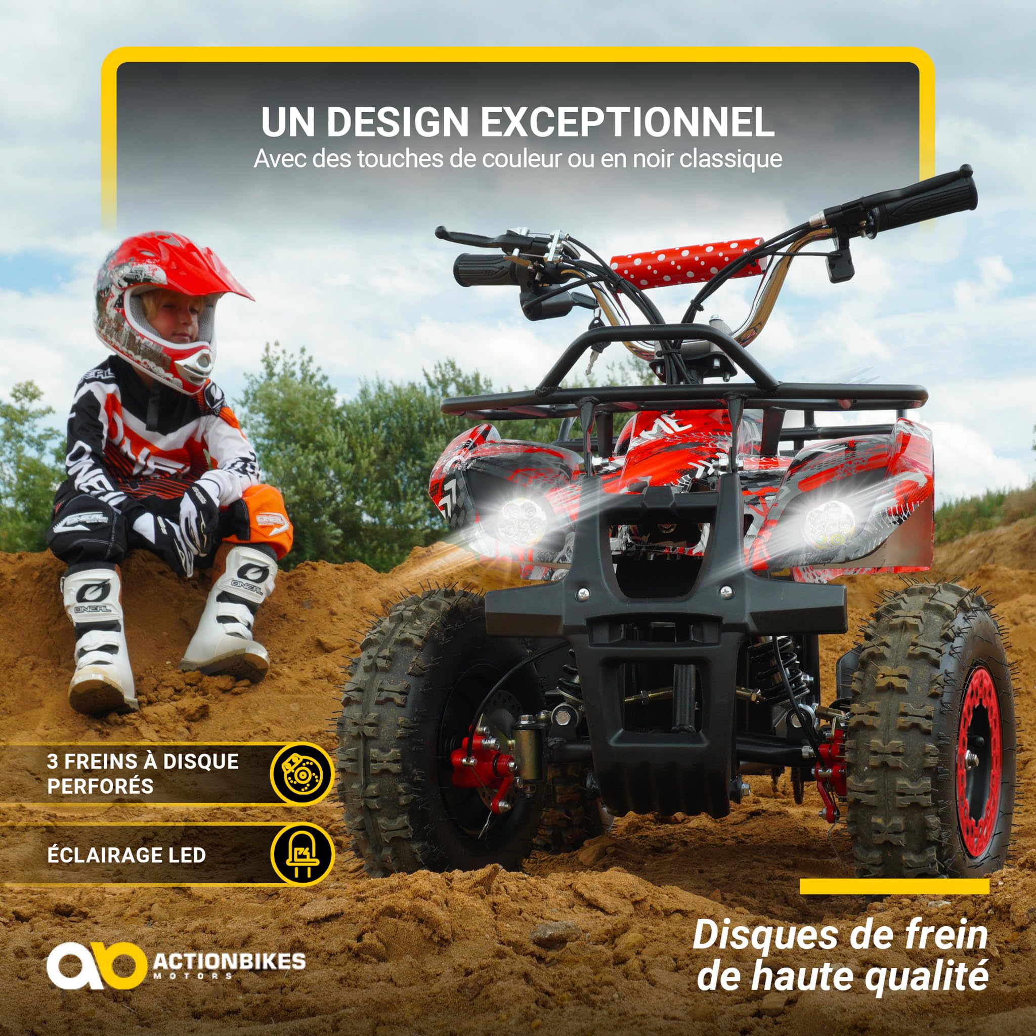 Actionbikes Motors Quad électrique Enfant ATV Torino | 36 Volts 1000 Watts Jusqu’à 24 km/h - Quad Enfant - Pocket Quad - pédale de sécurité Safety Touch - Mini Quad - dès 8 Ans (Noir)