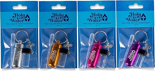 Botellas de agua bendita, juego surtido de 4 kits de viaje católicos con colgante de cruz de crucifijo adornado, gotero de plástico, pequeño