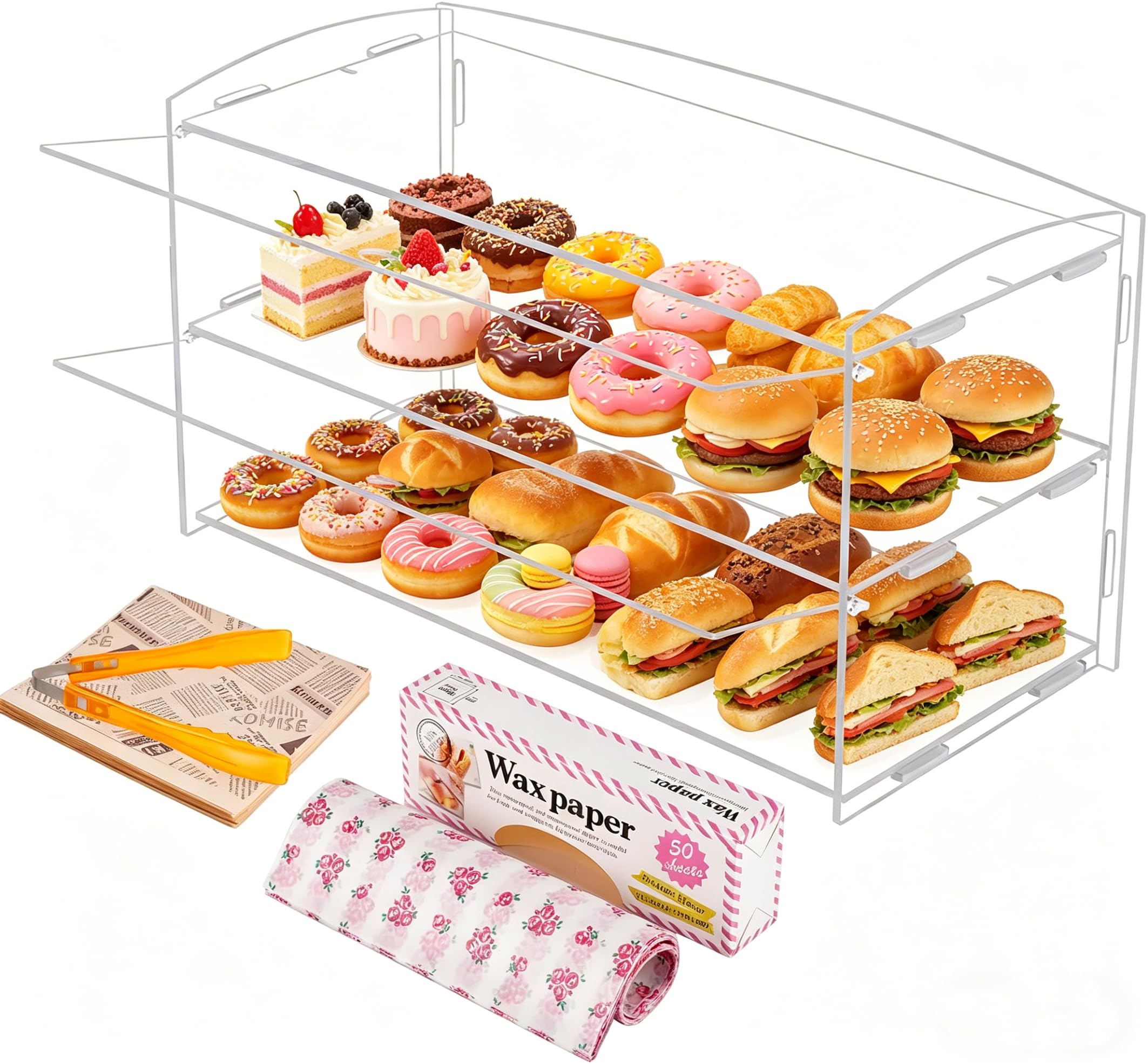 BAOSHISHAN Vetrina per pasticceria in acrilico trasparente, espositore per torte, 51 x 24 x 26 cm a 2 livelli,ciambelle con pinza da portata per torte
