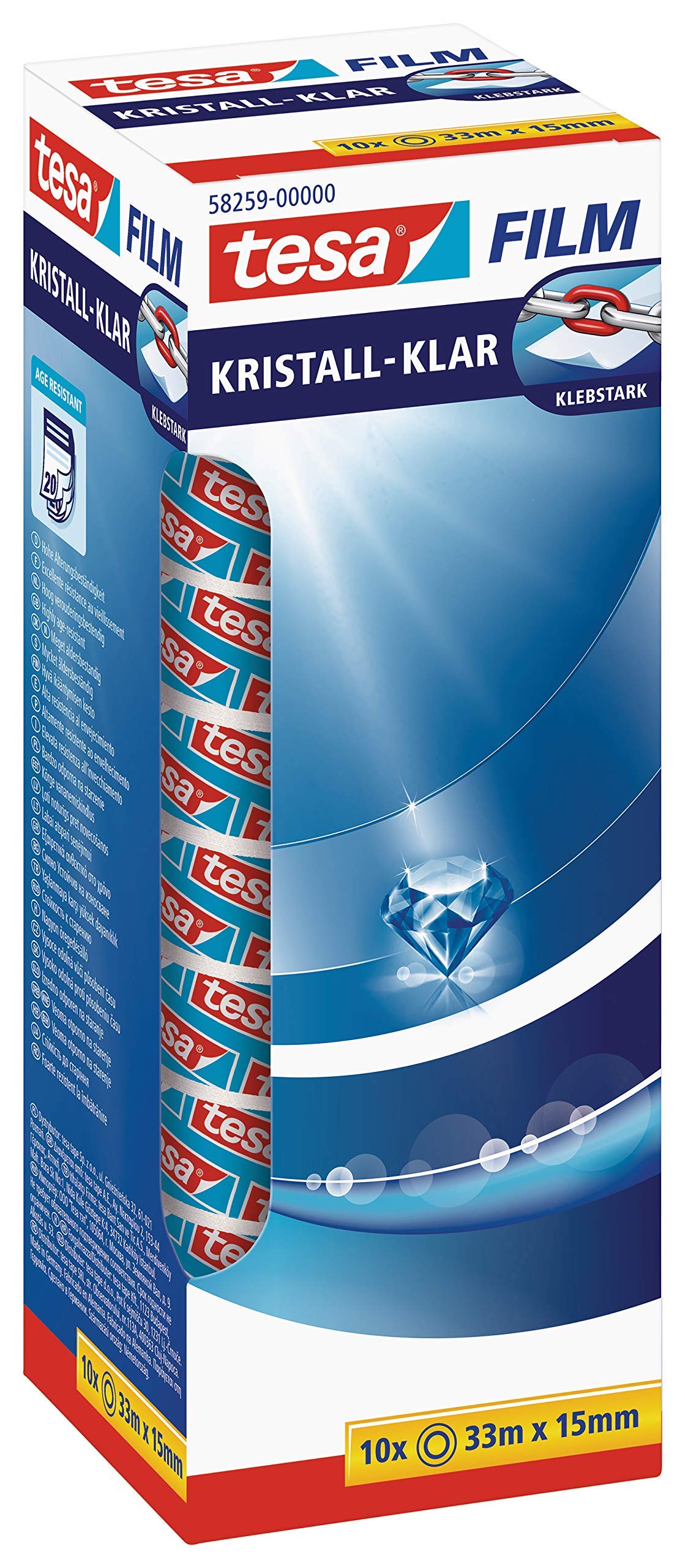 tesafilm Crystal-Clear Adhesive Tape - High Transparency, Age Resistant Office Tape with Strong Adhesion, 33 m x 15 mm - Pack of 10