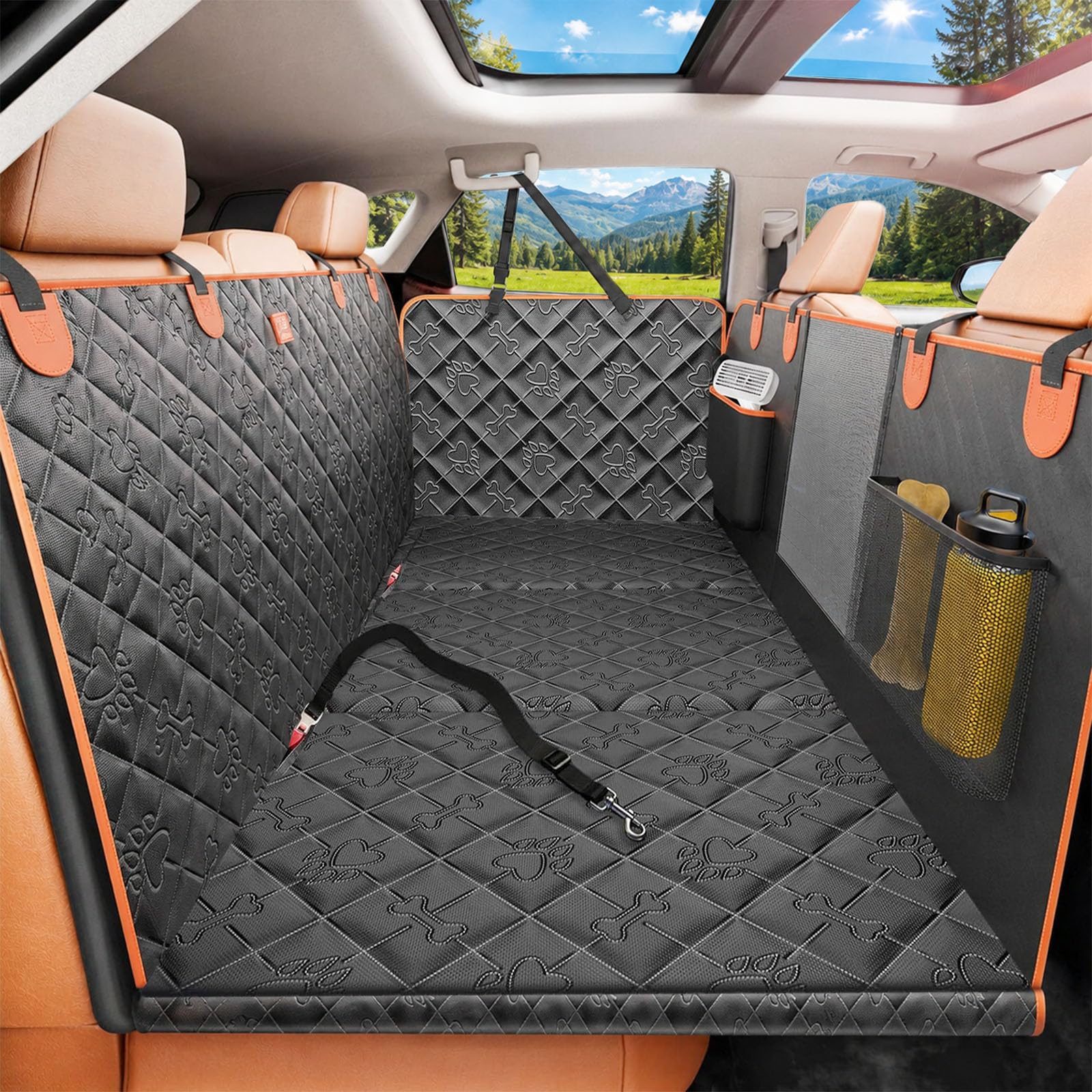 UPAWPIA Hard Bottom Dog Car Seat Cover Waterproof Scratchproof Dog Hammock for Car Back Seat Nonslip Back Seat Extender for Dogs with Mesh Window Seat Belt Universal Fits for Most Cars Trucks SUV