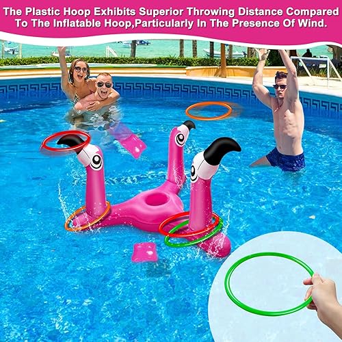 Miniatura 6 de Juego de juguetes inflables de flamenco 2 en 1 para lanzar y lanzar anillos. Juego de juguetes inflables de flamenco para piscina y cornhole