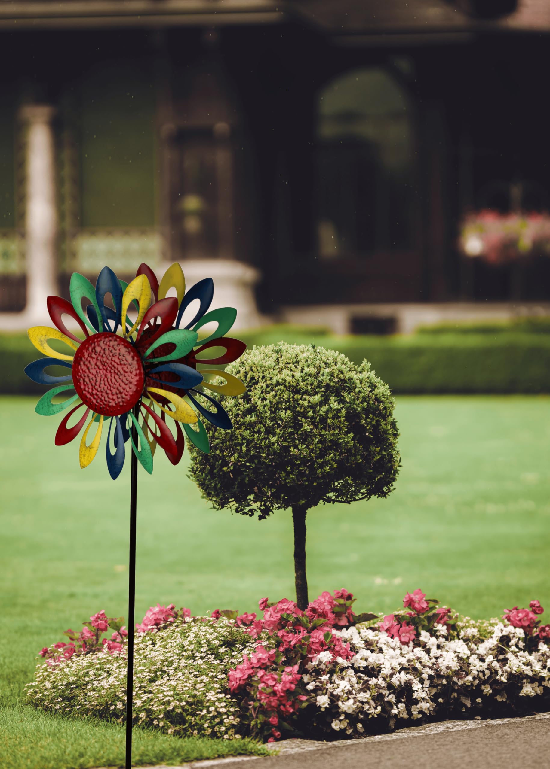 Windrad Windspiel Mehrfarbig aus Metall als Gartenstecker Höhe 183 cm ⌀ 59 cm
