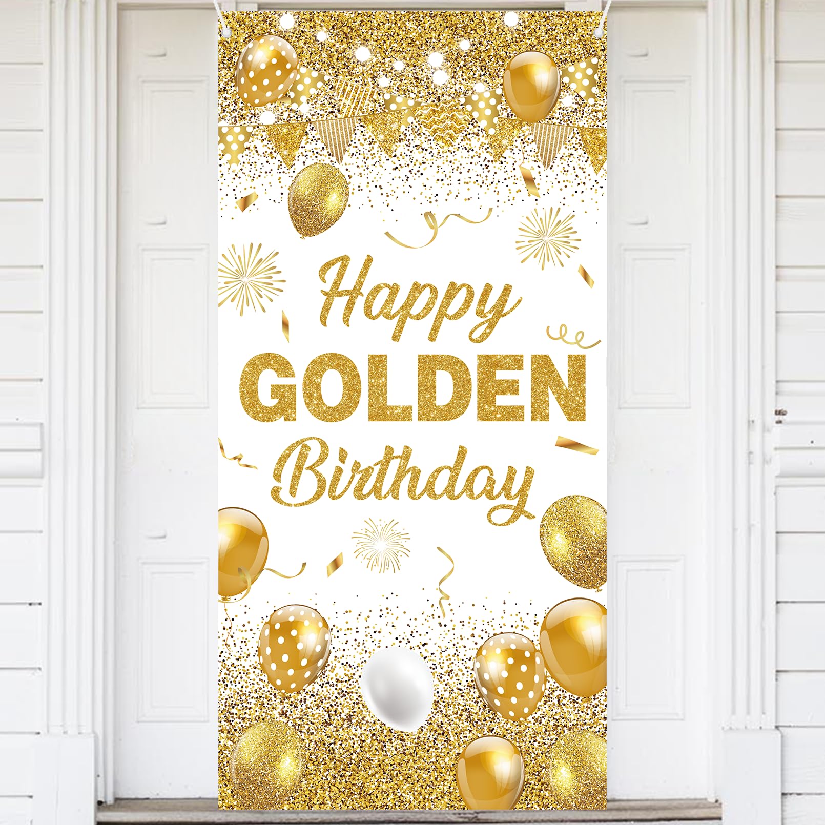 Golden Birthday Party Decorations: Happy Golden Birthday Door Cover Banner Decor White Gold Large Bday Sign for Font Door Birth Day Backdrop